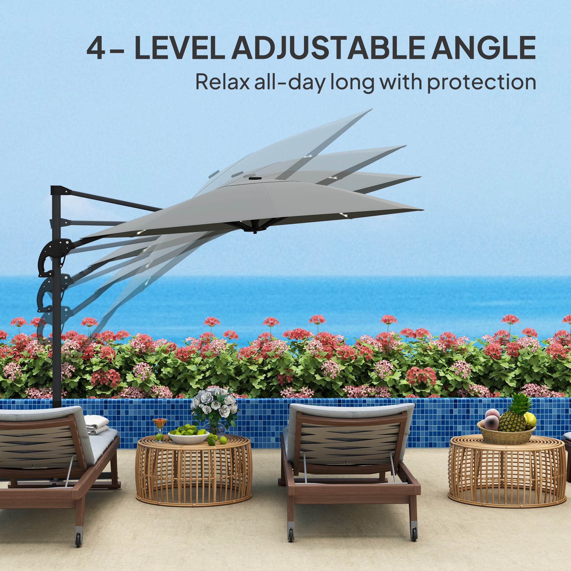 Outsunny 3(m) Cantilever Garden Parasol with Solar Powered Lights, Crank Handle & Cross Base, UPF 50+, 360° Rotation, Dark Grey - North Peak Garden Furniture