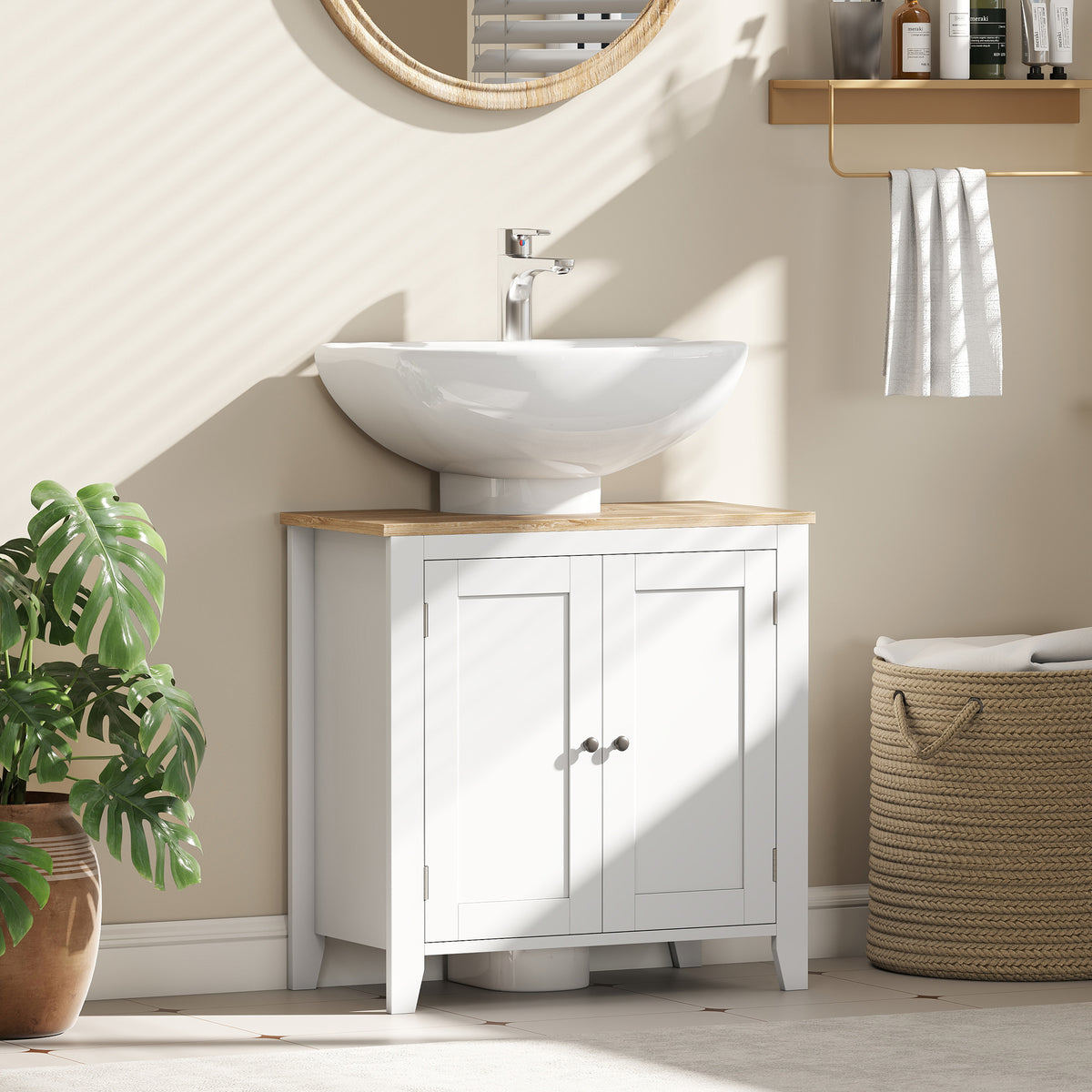 kleankin Bathroom Sink Cabinet, Bathroom Floor Storage Cabinet with 2 Doors Pedestal Under Sink Design, Space Saver Organizer Freestanding with Internal Adjustable Shelf, White