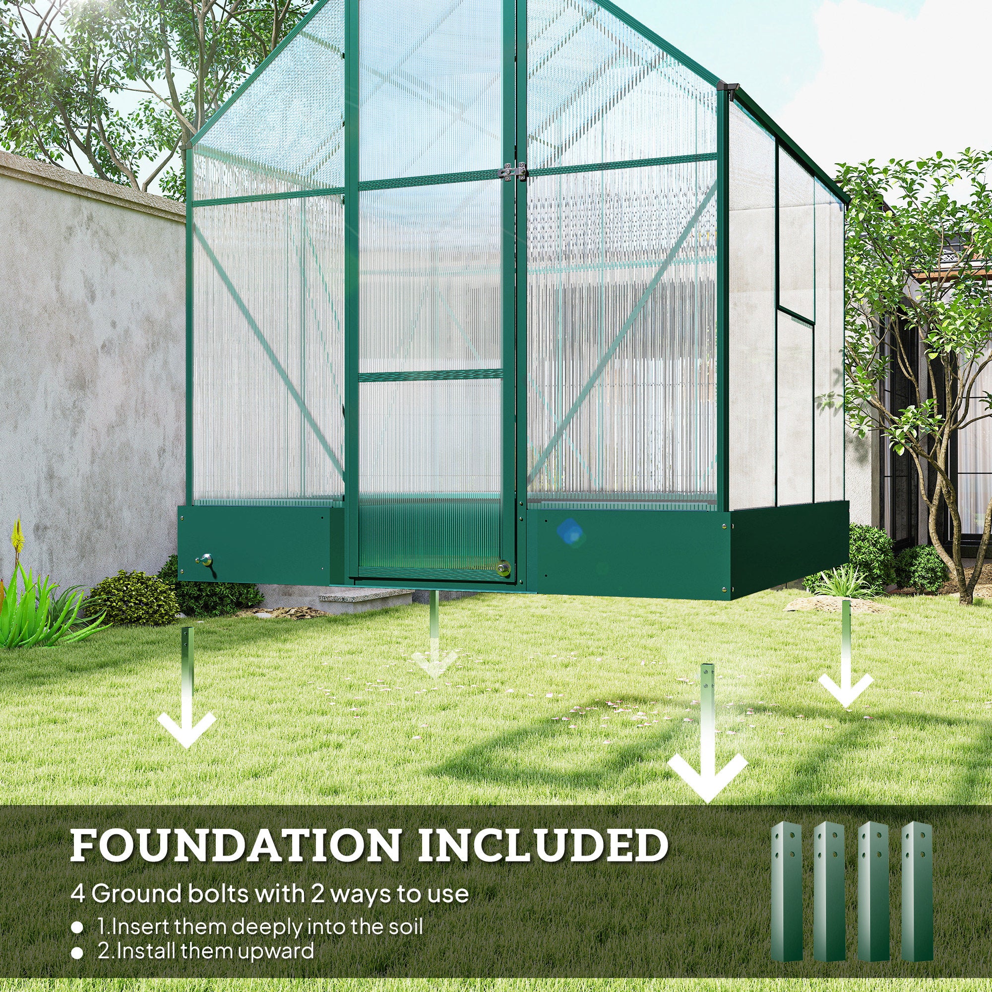 Outsunny Garden Walk-in Aluminium Greenhouse Polycarbonate with Plant Bed, Temperature Controlled Window, Foundation, 6 x 6ft