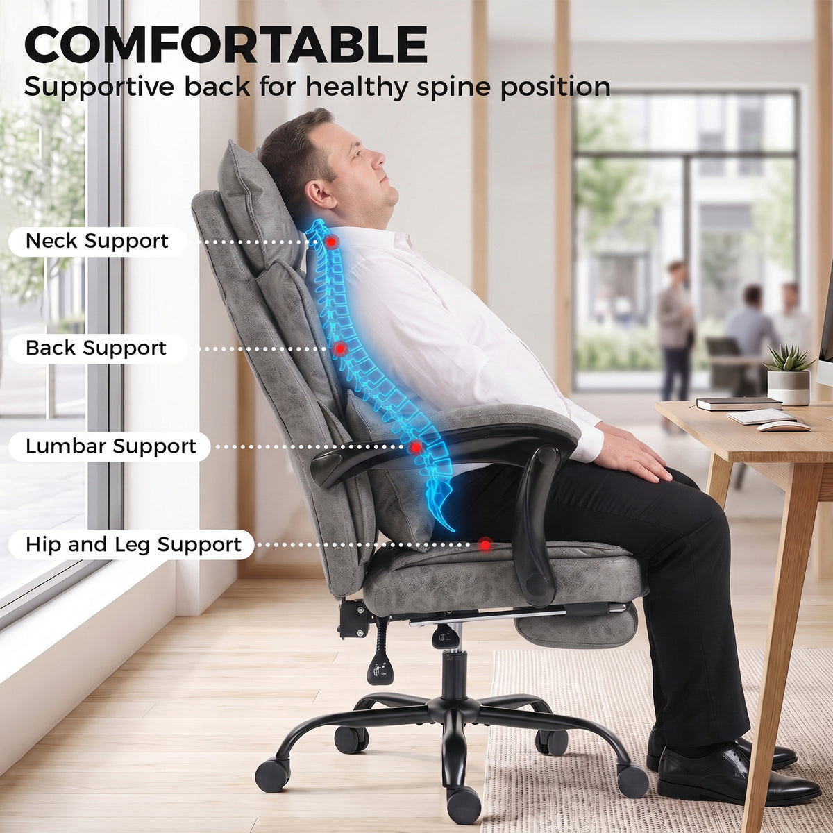 HOMCOM Executive Office Chair, Leathaire Big and Tall Office Chair 180 kg with Wide Seat, Reclining, Lumbar Support, Grey
