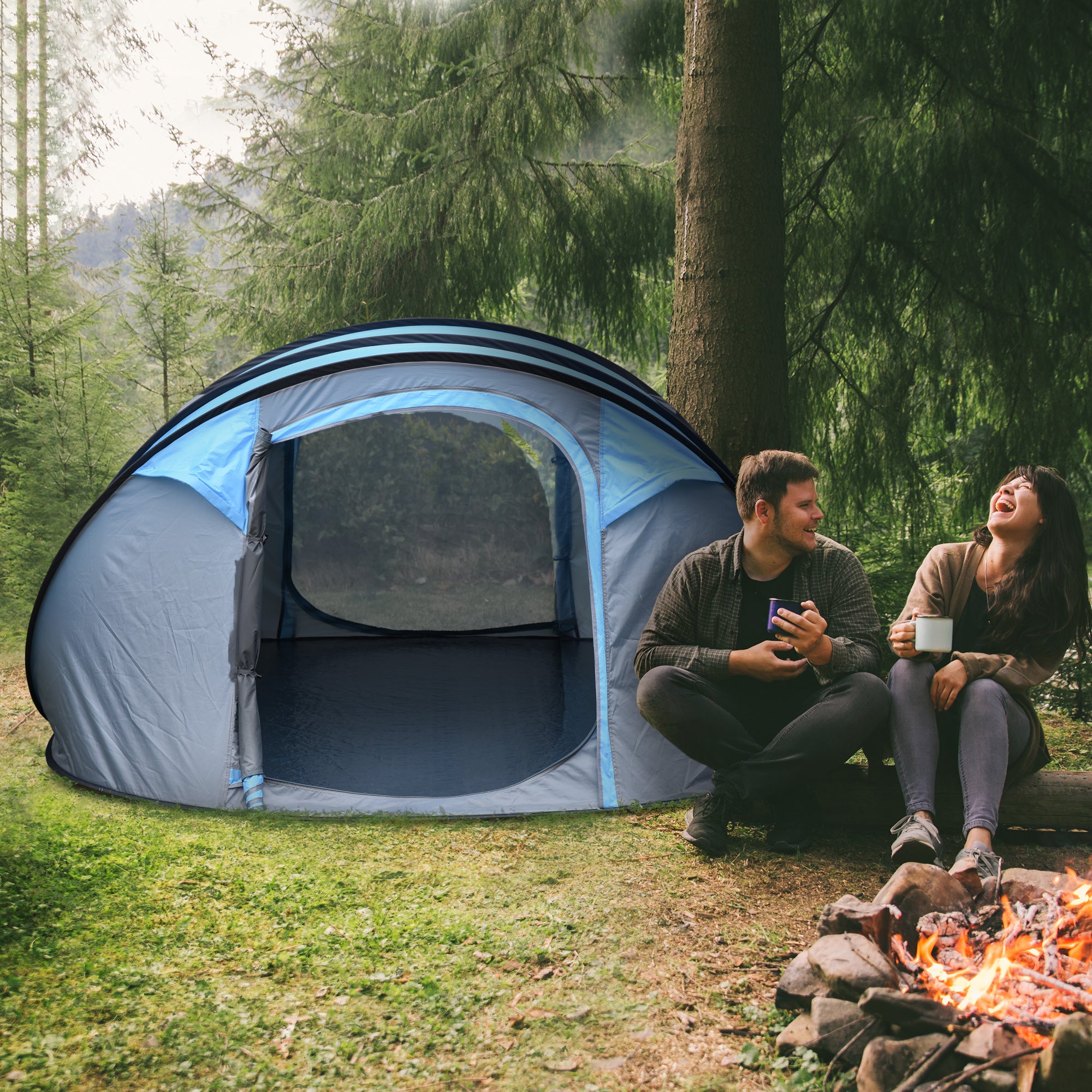 Outsunny 4-5 Person Pop-up Camping Tent Waterproof Family Tent w/ 2 Mesh Windows & PVC Windows Portable Carry Bag for Outdoor Trip, Sky Blue - North Peak Garden Furniture