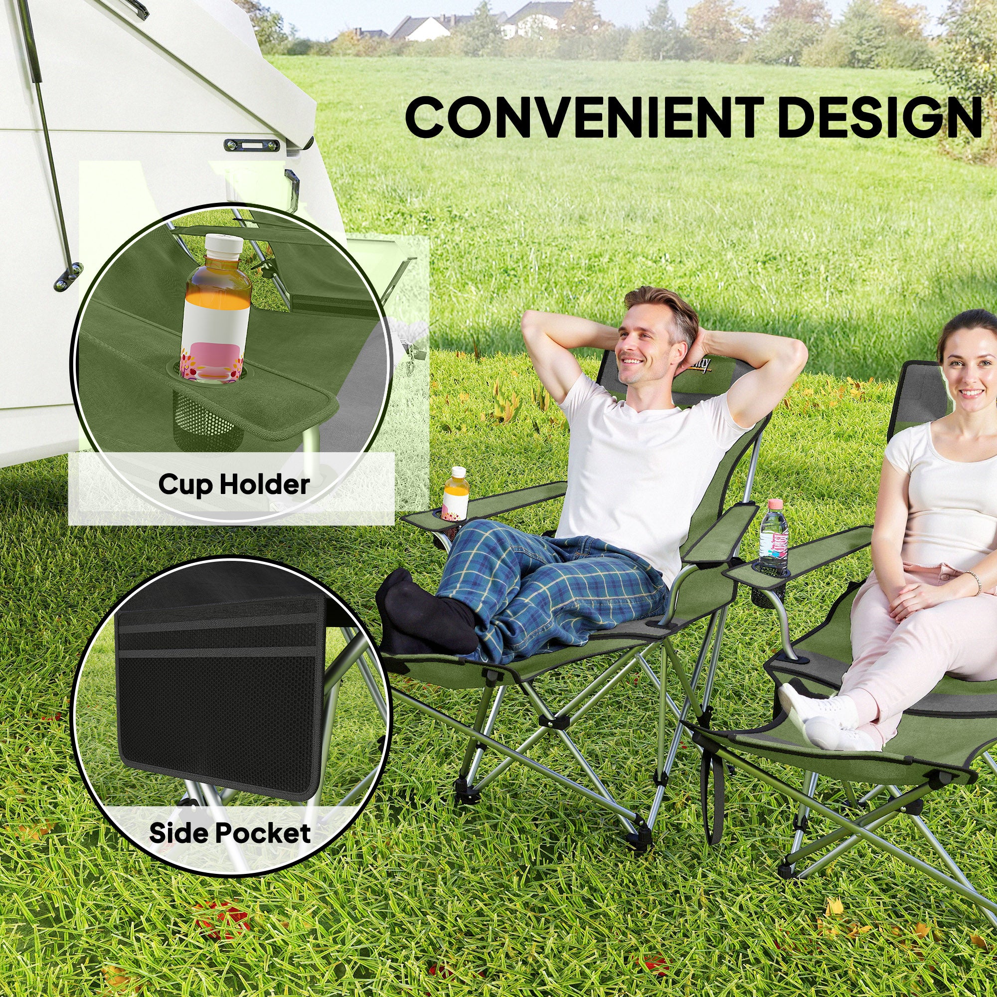 Outsunny Set of 2 Reclining Folding Camping Chair w/ Detachable Footrest, Storage Bag, Cup Holder & Headrest, Lightweight Portable Camp Chair for Beach, Picnic, Olive Green and Grey - North Peak Garden Furniture