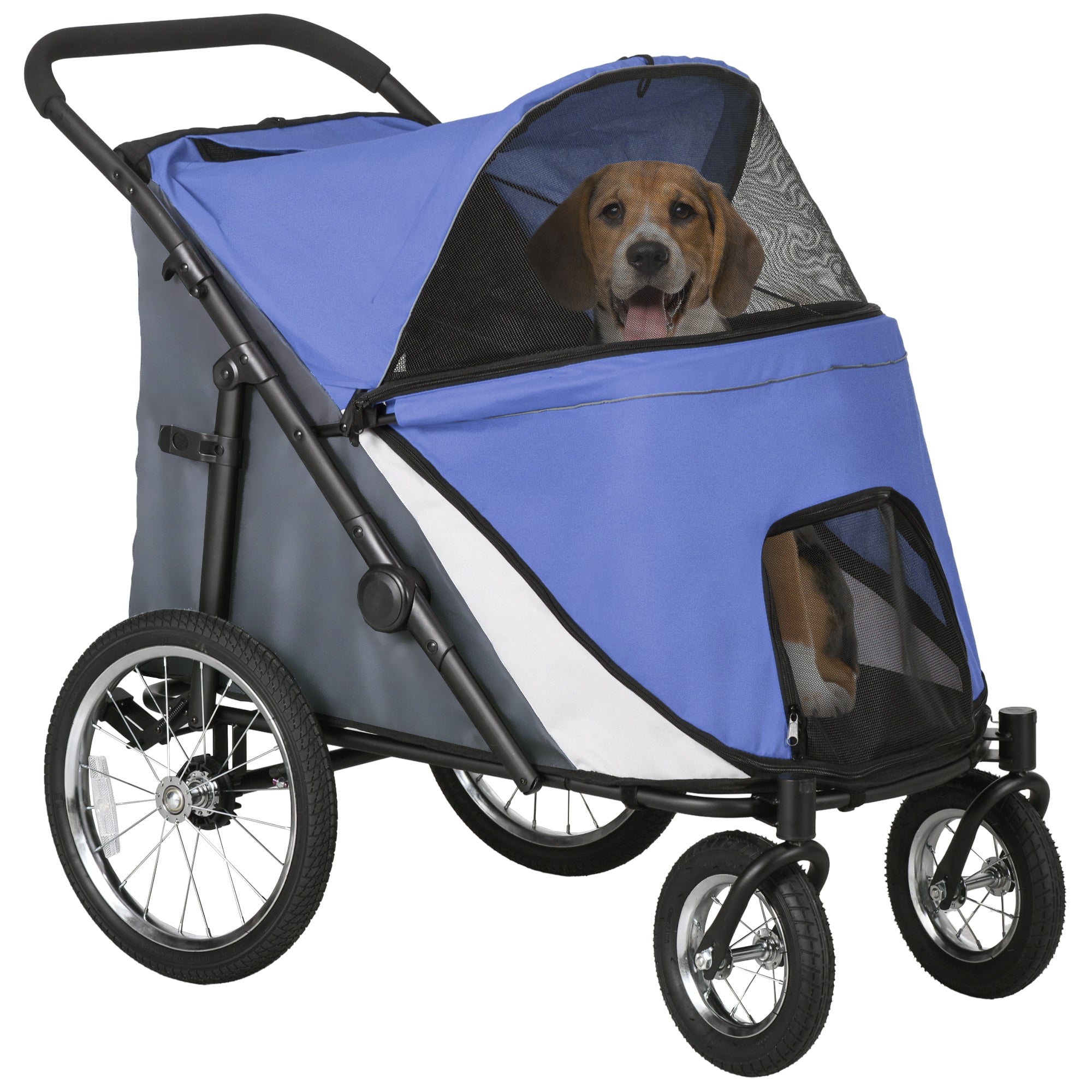 PawHut Foldable Pet Stroller, with Washable Cushion, Storage Bags, Safety Leash, for Medium, Large Dogs, Catts, Travel - Blue - North Peak Garden Furniture