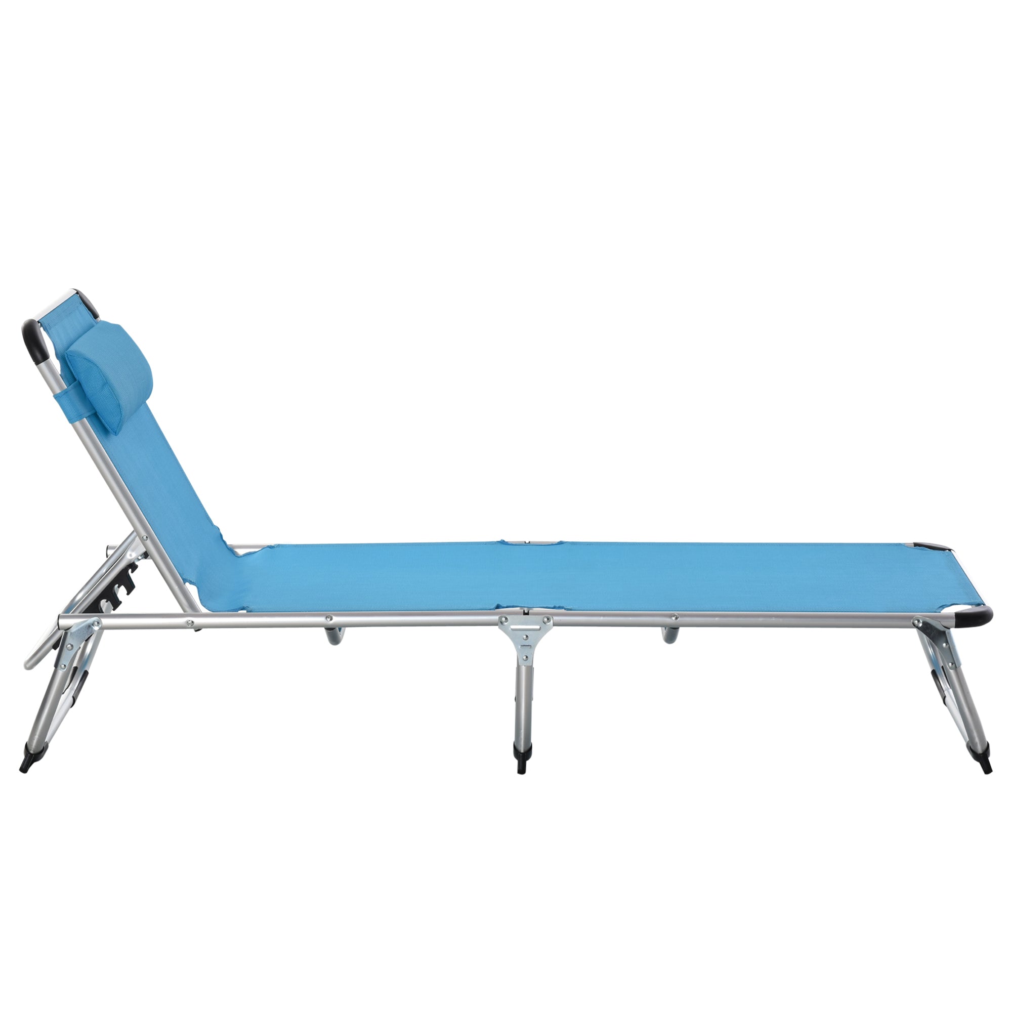 Outsunny Foldable Outdoor Sun Lounger, Reclining Lounge Chair Camping Bed Cot with Pillow 4-Level Adjustable Back Aluminium Frame, Blue - North Peak Garden Furniture