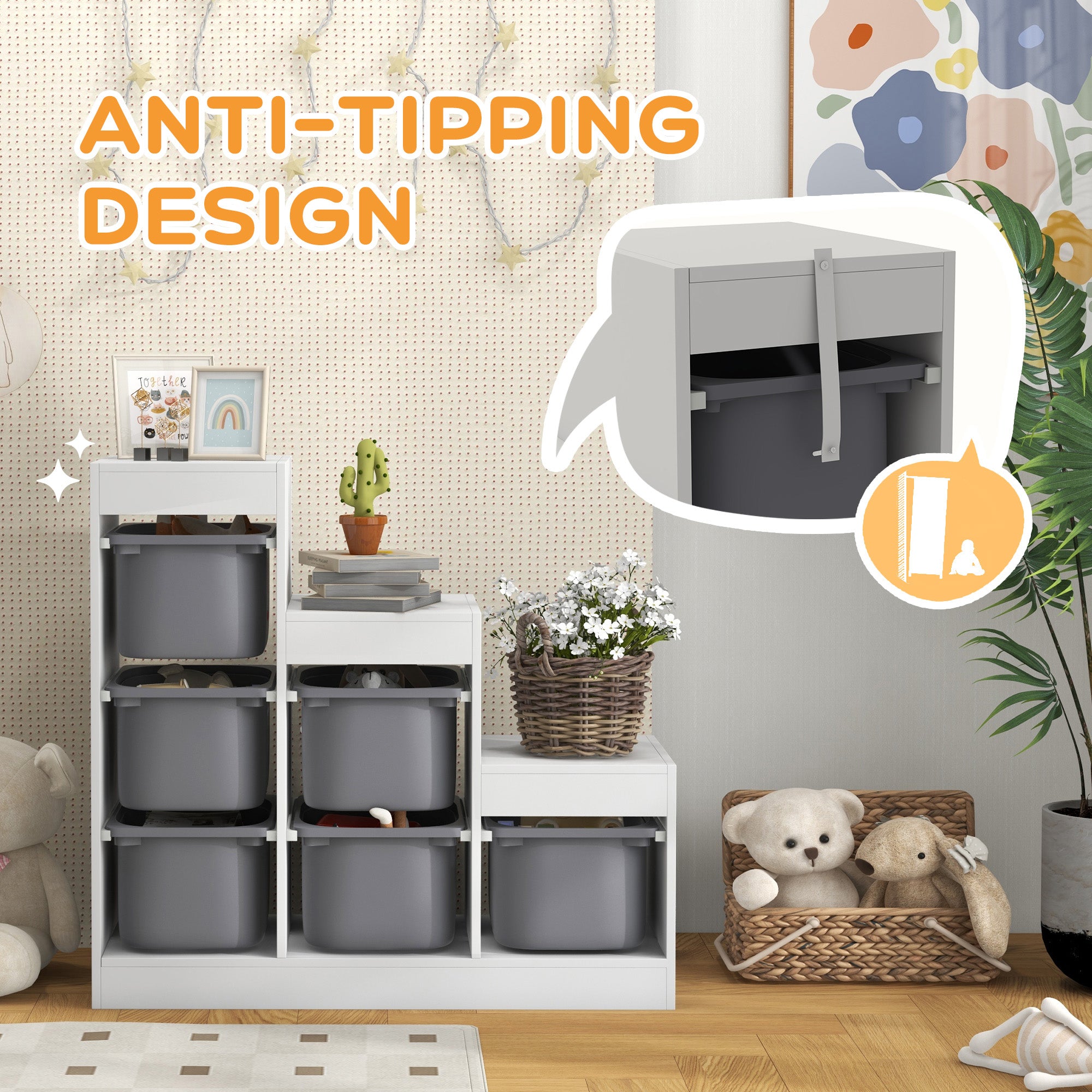 AIYAPLAY Toy Storage Organiser, Three-Layer Kids Toy Storage Units, with Removable Bins, for Ages 3-8 Years, Grey
