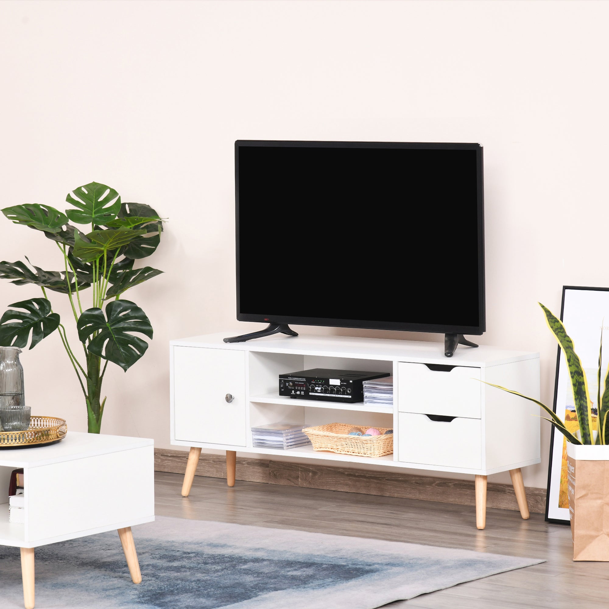 HOMCOM TV Stand for TVs up to 50", TV Console Cabinet with Open Storage Shelf and Drawers for Living Room, Entertainment Room and Bedroom, White