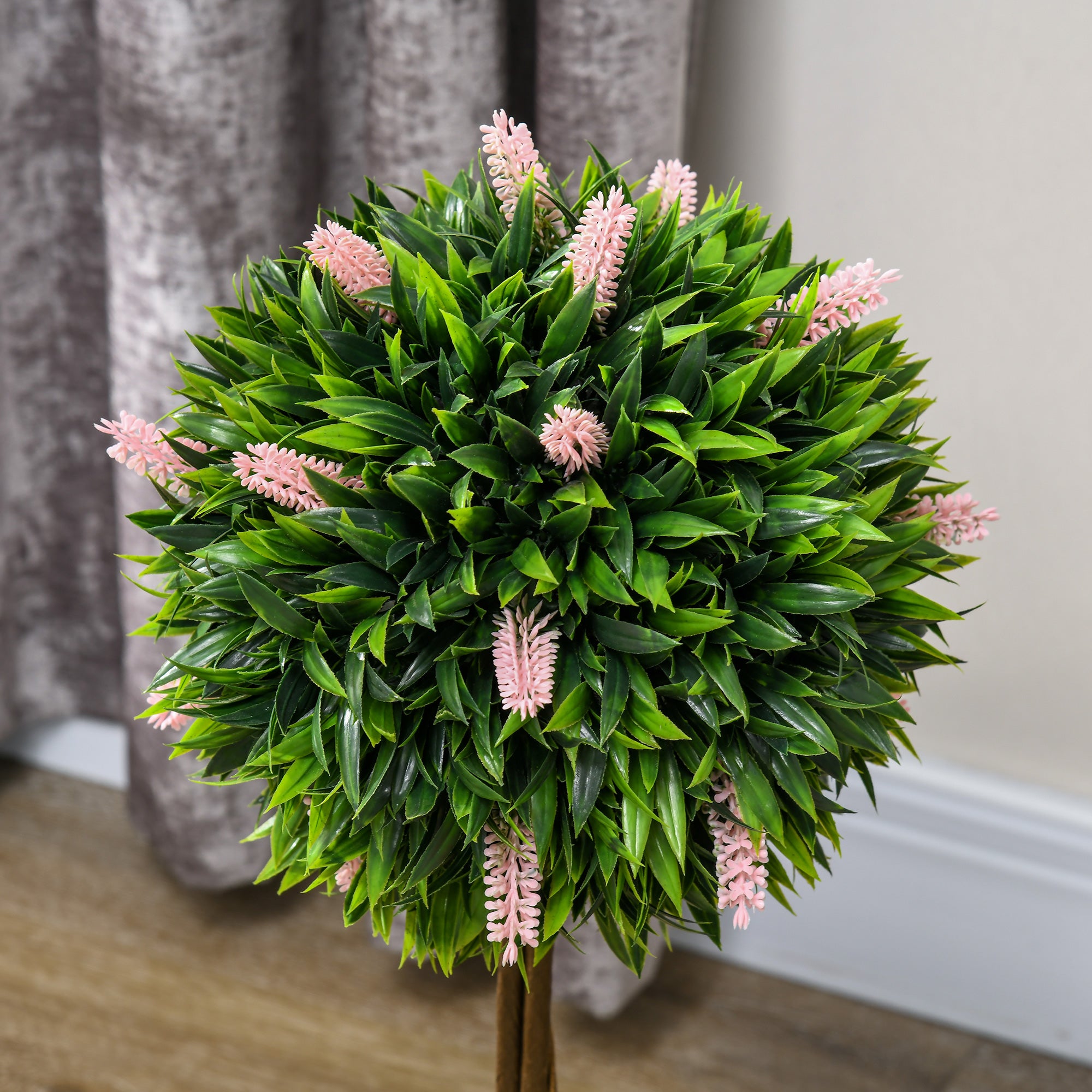 HOMCOM Set of 2 Decorative Artificial Plants Ball Trees with Flower for Home Indoor Outdoor Decor, 60cm ,Pink - North Peak Garden Furniture