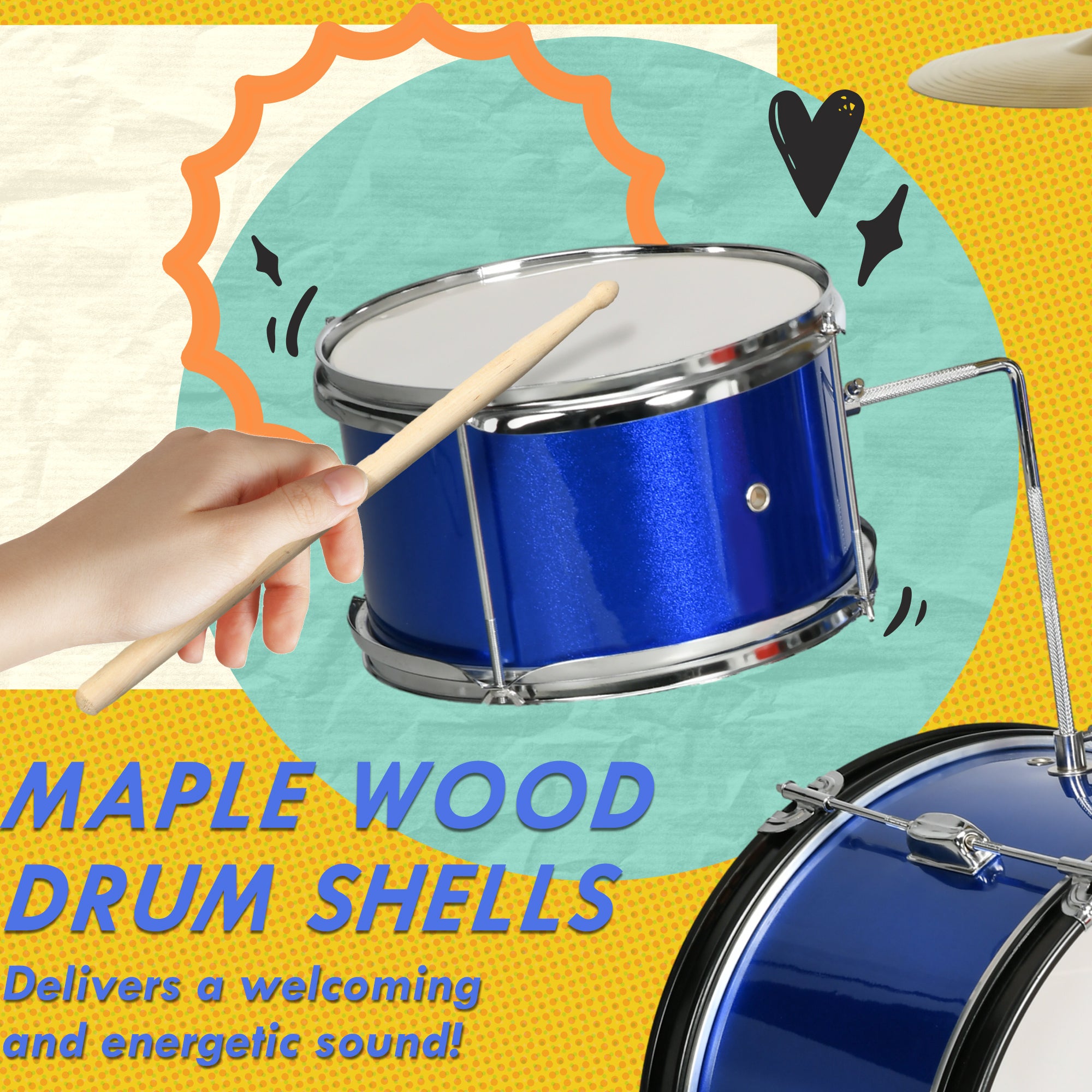 AIYAPLAY 11-Piece Kids Drum Kits w/ Stool, Drumsticks, Pedal, Cymbals, for 3-6 Years, Blue - North Peak Garden Furniture