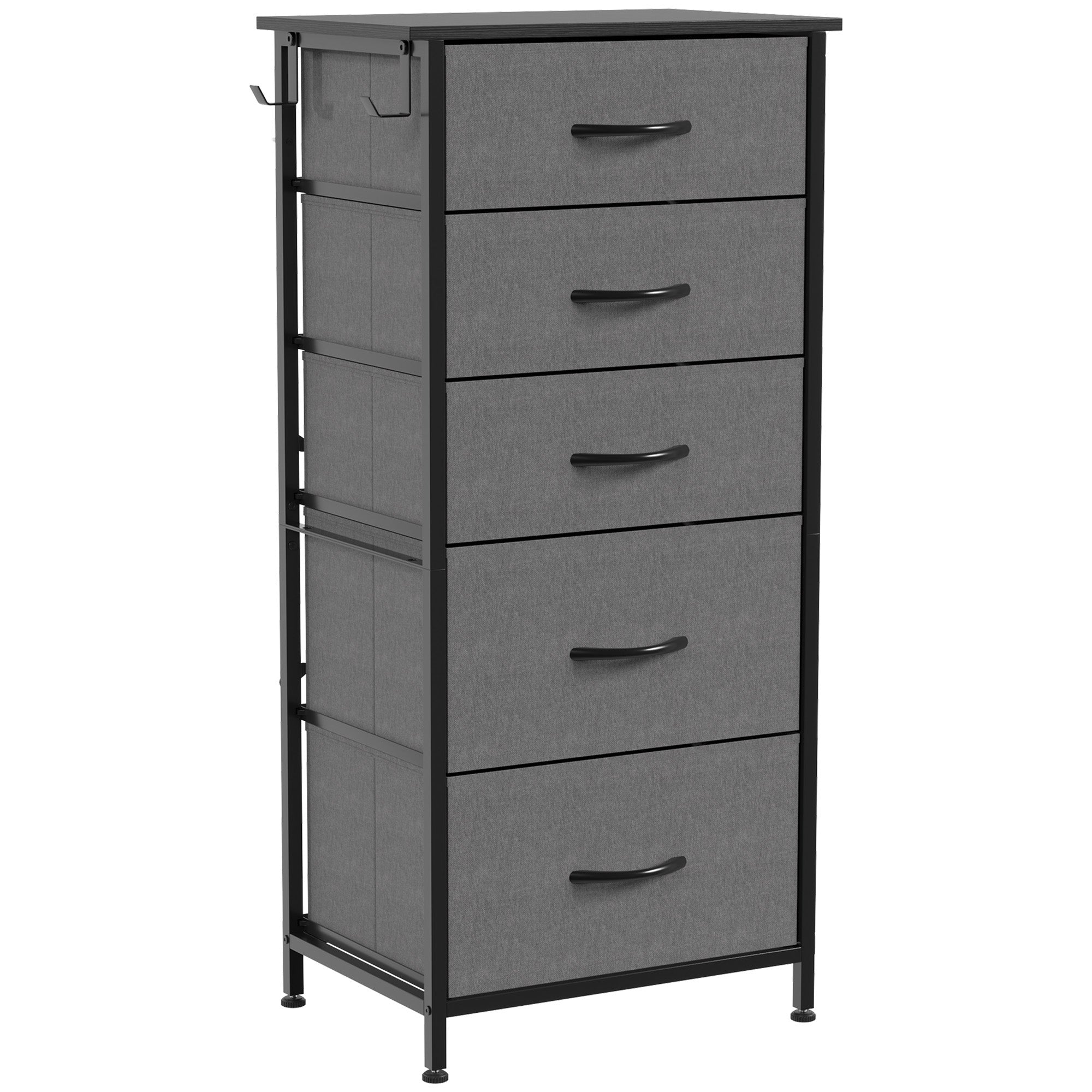HOMCOM Chest of Drawers, Dresser with 5 Fabric Drawers, Tall Storage Unit with 4 Pockets and 2 Hooks Steel Frame, Charcoal Grey