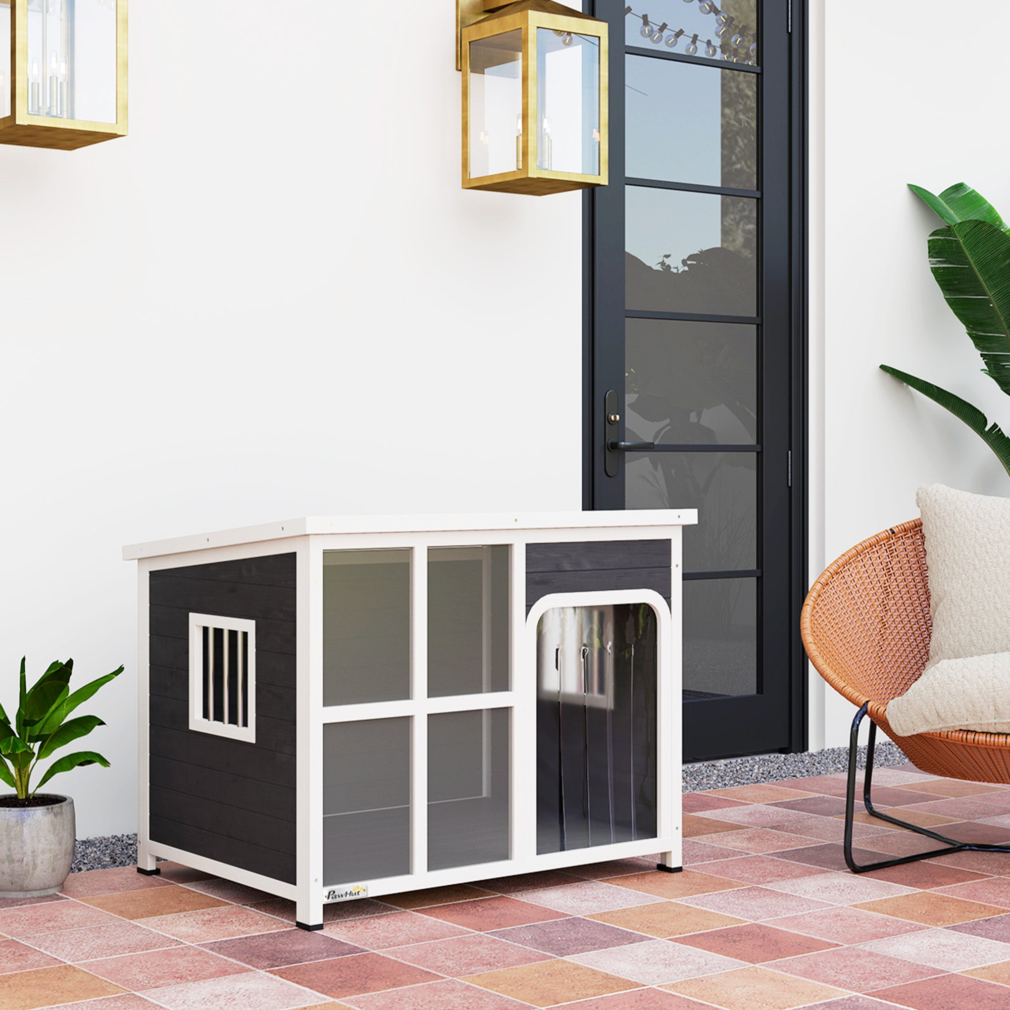 PawHut Wooden Dog House Outdoor with Asphalt Openable Top, Removable Floor, Clear Front Panel, Curtain, 103 x 77 x 83cm - North Peak Garden Furniture
