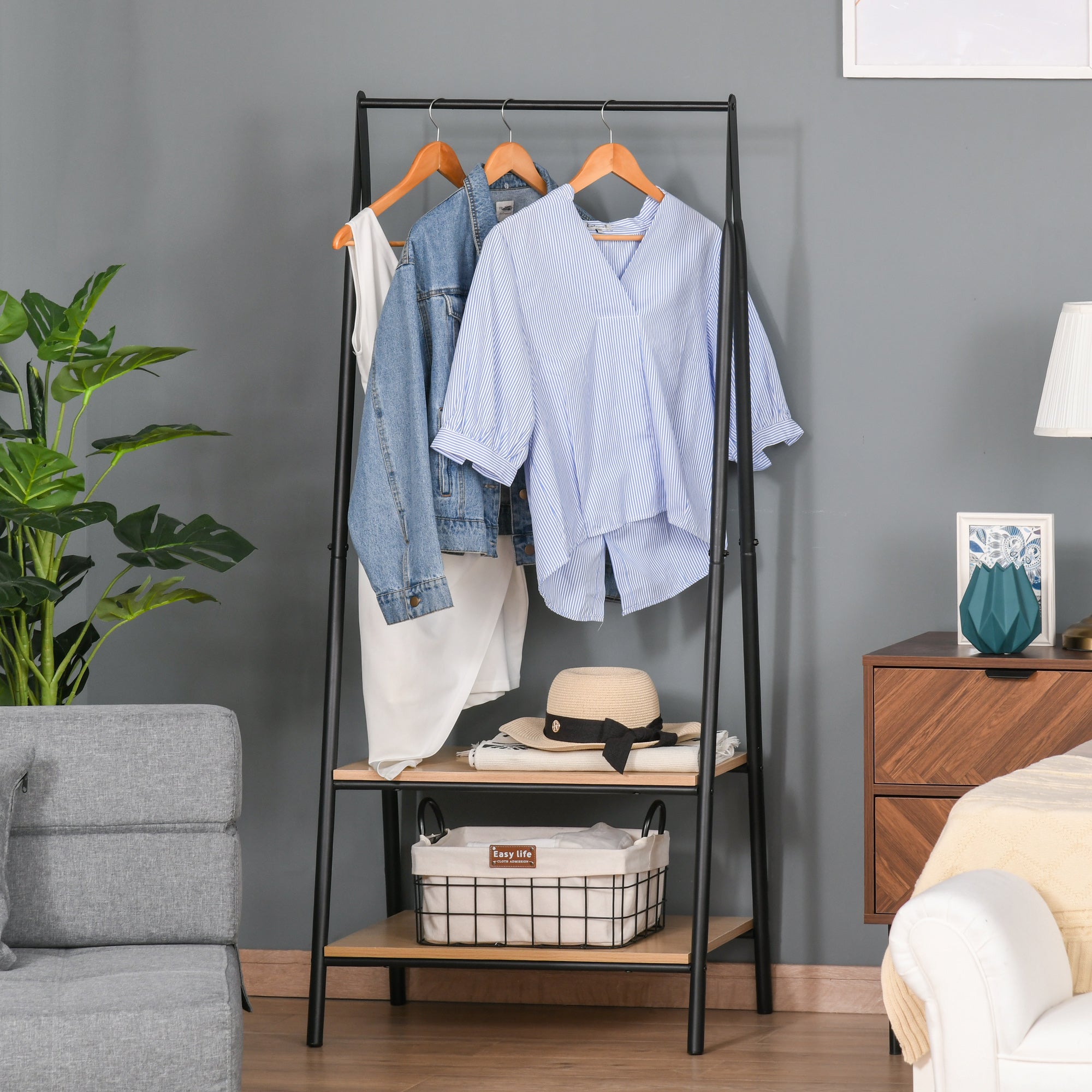 HOMCOM Clothes Rail, Freestanding Metal Clothes Rack with 2 Tier Storage Shelves for Bedroom and Entryway, 64 x 42.5 x 149 cm, Black Frame - North Peak Garden Furniture