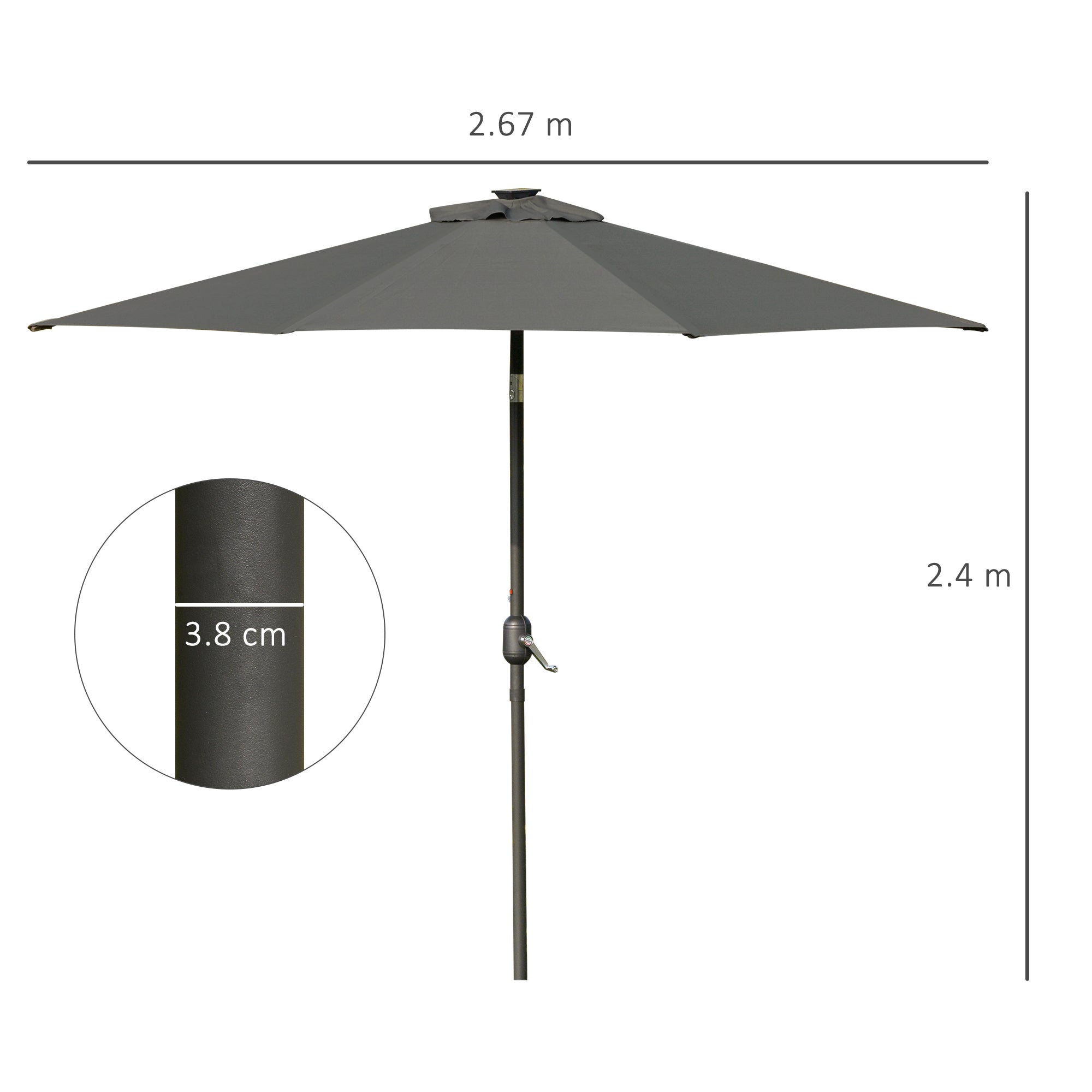 Outsunny 2.7m Patio Garden Umbrella Outdoor Parasol with Tilt Crank and 24 LEDs Lights (Grey)