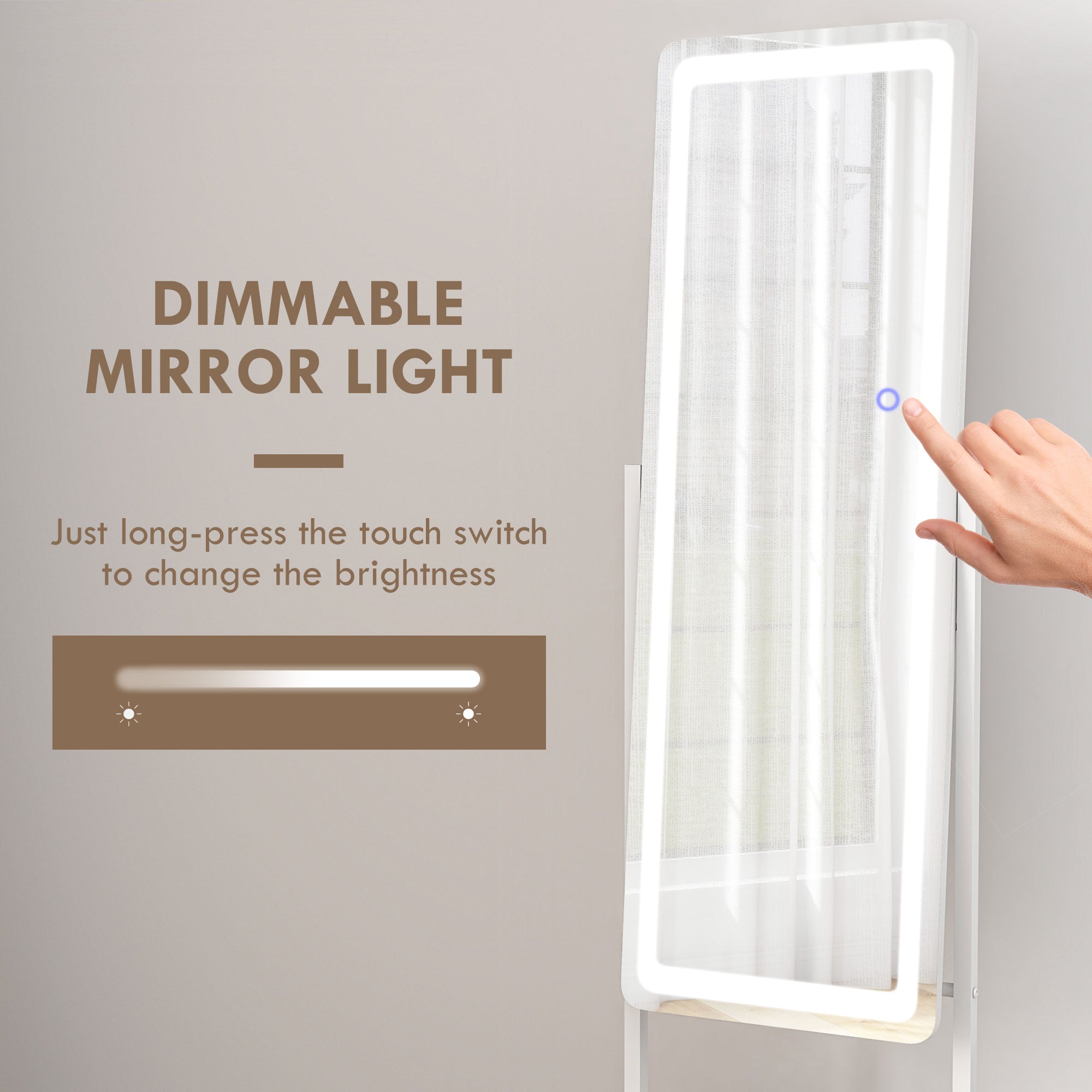 HOMCOM Free Standing Dressing Mirror with LED Lights, Full Length Mirror with 3 Temperature Colours and Storage Shelf - North Peak Garden Furniture