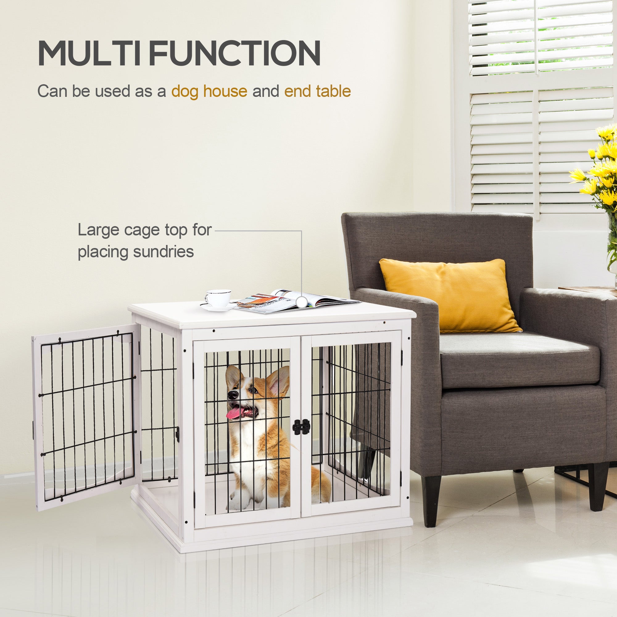 PawHut Dog Crate, Furniture Style Puppy Cage End Table, Pet Kennel House with 3 Doors for Small Dog, White 81 x 58.5 x 66 cm - North Peak Garden Furniture