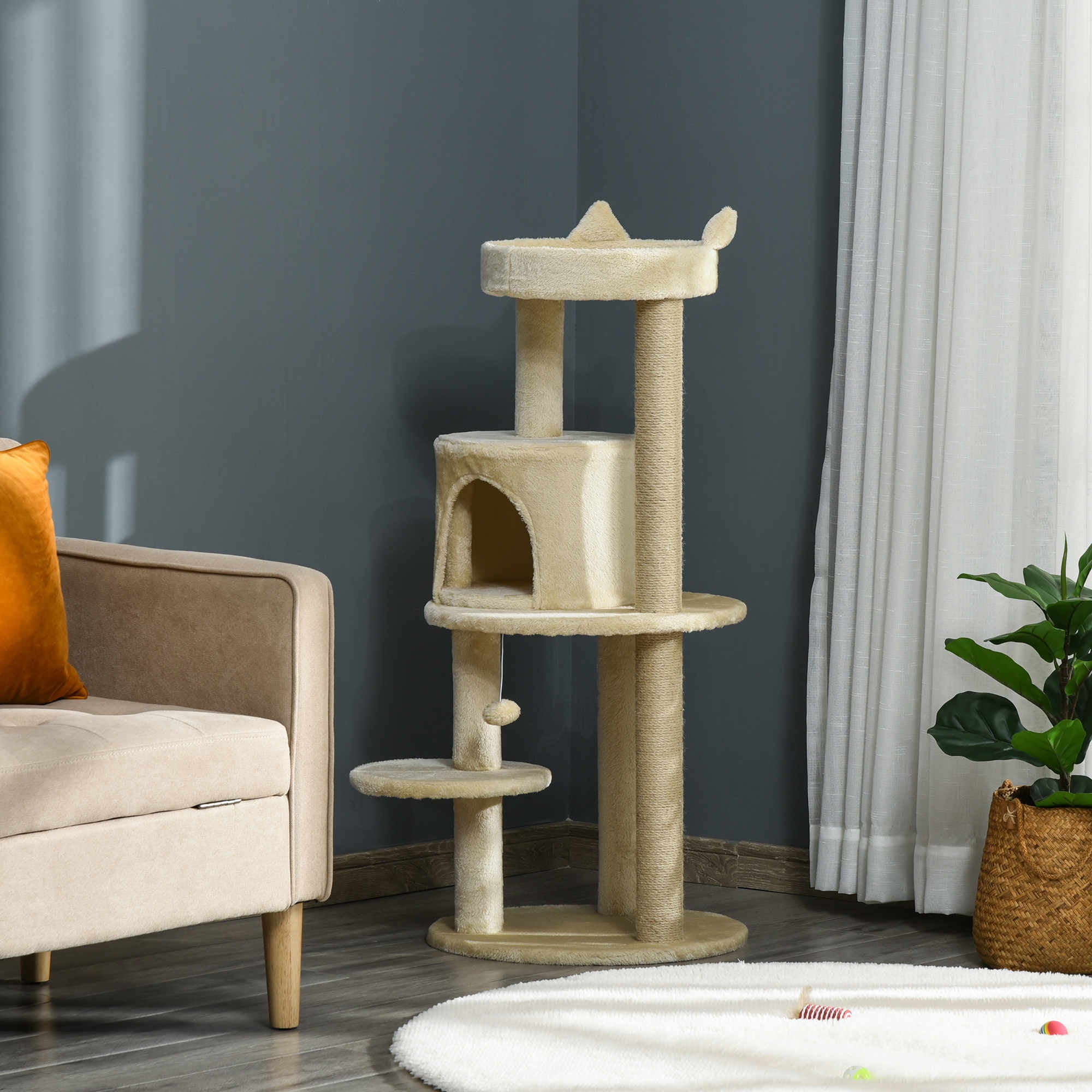 PawHut 104 cm Cat Tree, Cat Condo Tree Tower, Cat Activity Centre with Scratching Posts, Plush Perch, Hanging Ball - Cream White