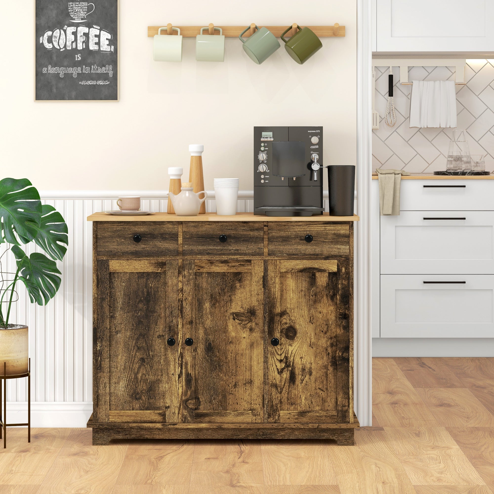 HOMCOM Sideboard with Rubberwood Top and Adjustable Shelves for Dining Room, Kitchen - Rustic Brown - North Peak Garden Furniture