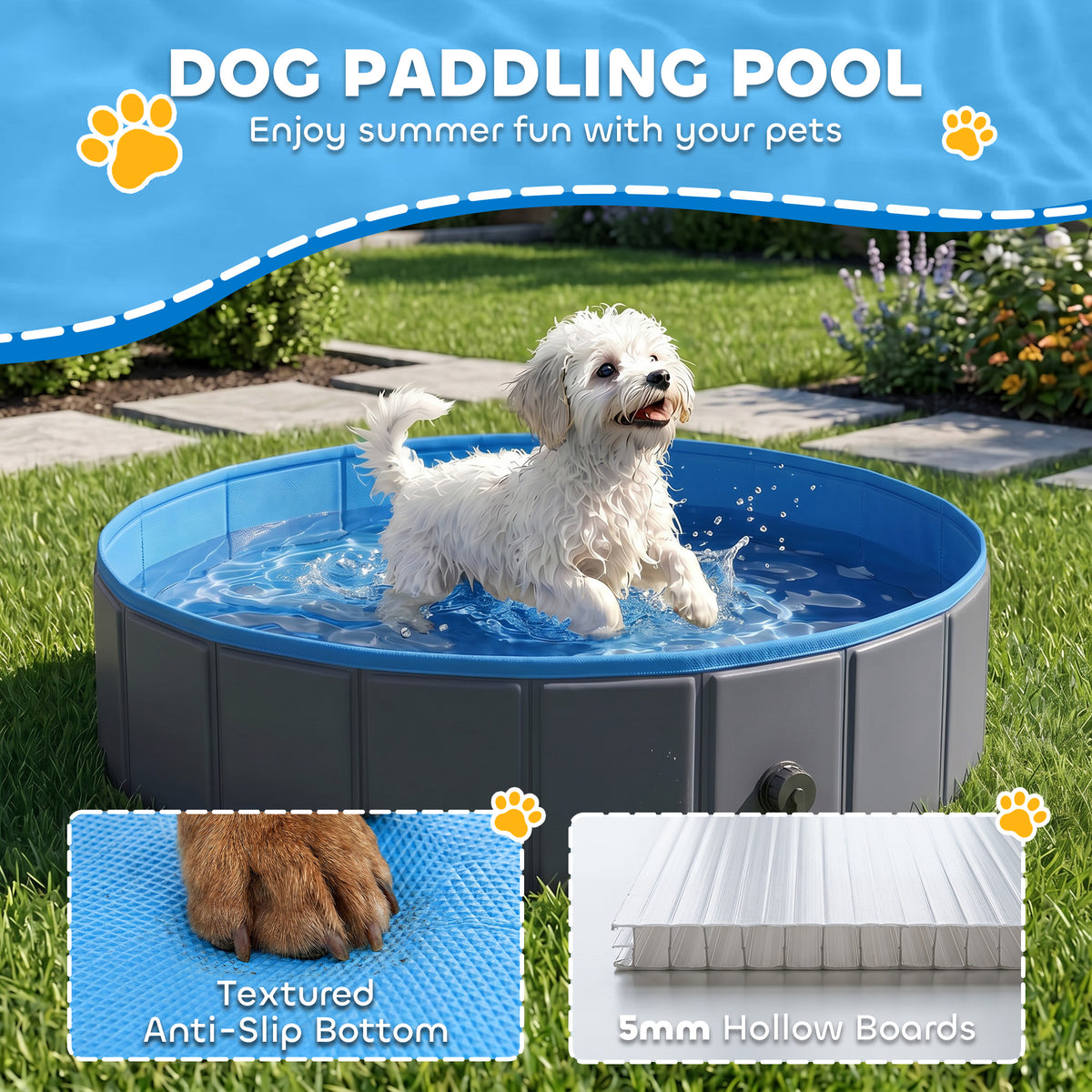 PawHut Foldable Dog Pool for Puppies and Ducks Dog Paddling Pool Bath Tub, Dark Grey, 80 x 20 cm
