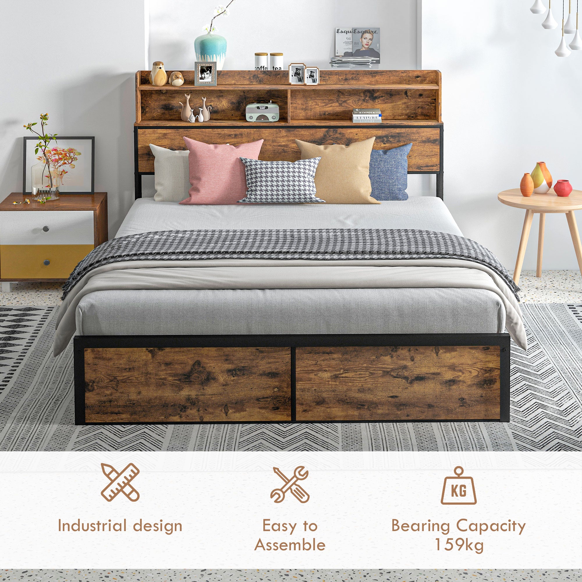 HOMCOM Industrial King Bed Frame, 5.2FT Steel Bed Base with Storage Headboard, Footboard, Slatted Support and Under Bed Storage, 158 x 222cm, Rustic Brown - North Peak Garden Furniture
