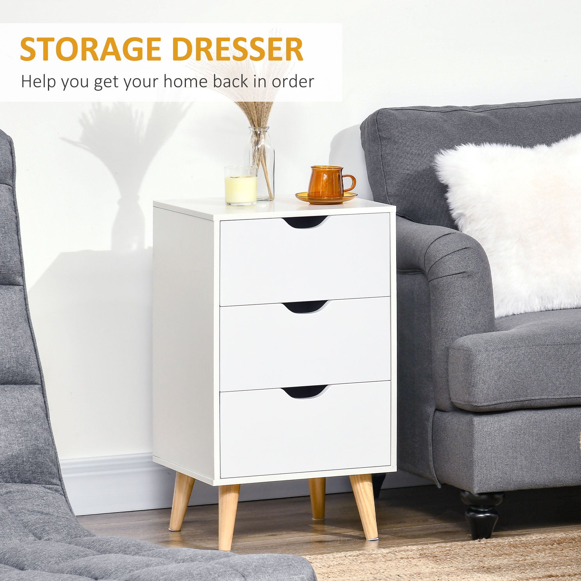 HOMCOM Bedside Table, Bedside Cabinet with 3 Drawers, Small Side Table with Wood Legs and Cut-out Handles for Bedroom, Cream White - North Peak Garden Furniture
