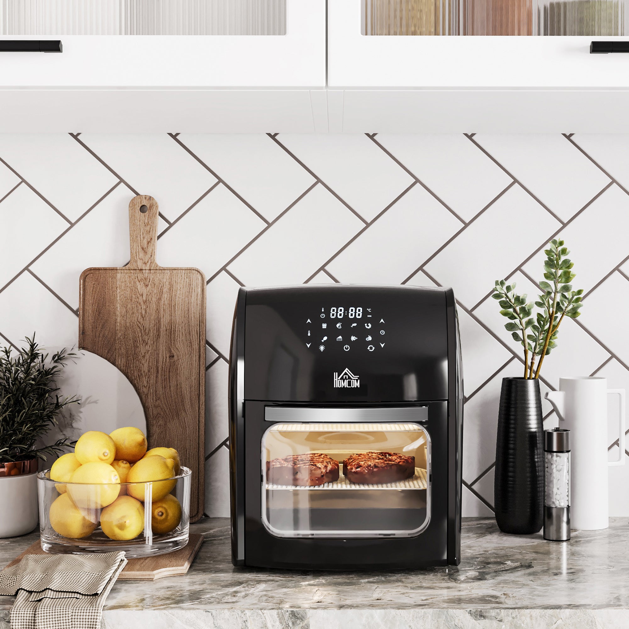 HOMCOM 12L 8 in 1 Digital Air Fryer Oven with Roast, Bake, Dehydrate, 8 Preset Modes, Rapid Air Circulation, Timer, Inner Light, Memory Function, 1800W, Dish Wash Accessory, Black - North Peak Garden Furniture