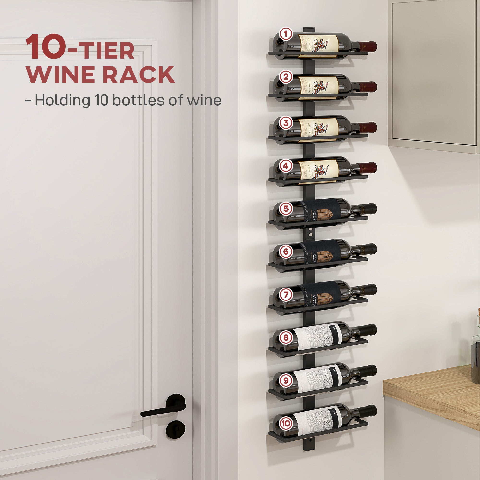 HOMCOM 10-Tier Wall Mount Wine Rack, Steel Wall Wine Rack for 10 Wine Bottles, Wall Wine Display Rack for Kitchen, Dining Room, Home Bar, Black - North Peak Garden Furniture