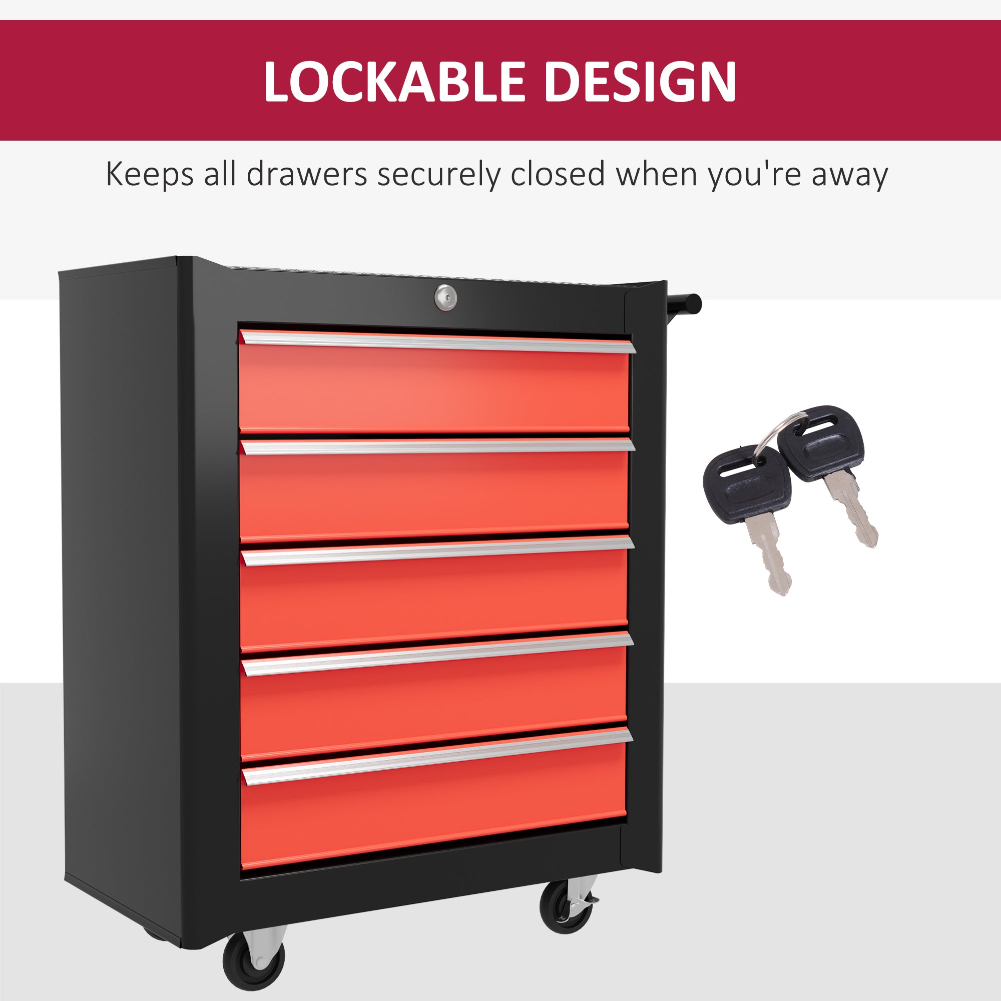 HOMCOM 5-Drawer Tool Chest with Wheels, Steel Lockable Tool Storage Cabinet with Handle, 2 Keys for Garage, Workshop, Red - North Peak Garden Furniture