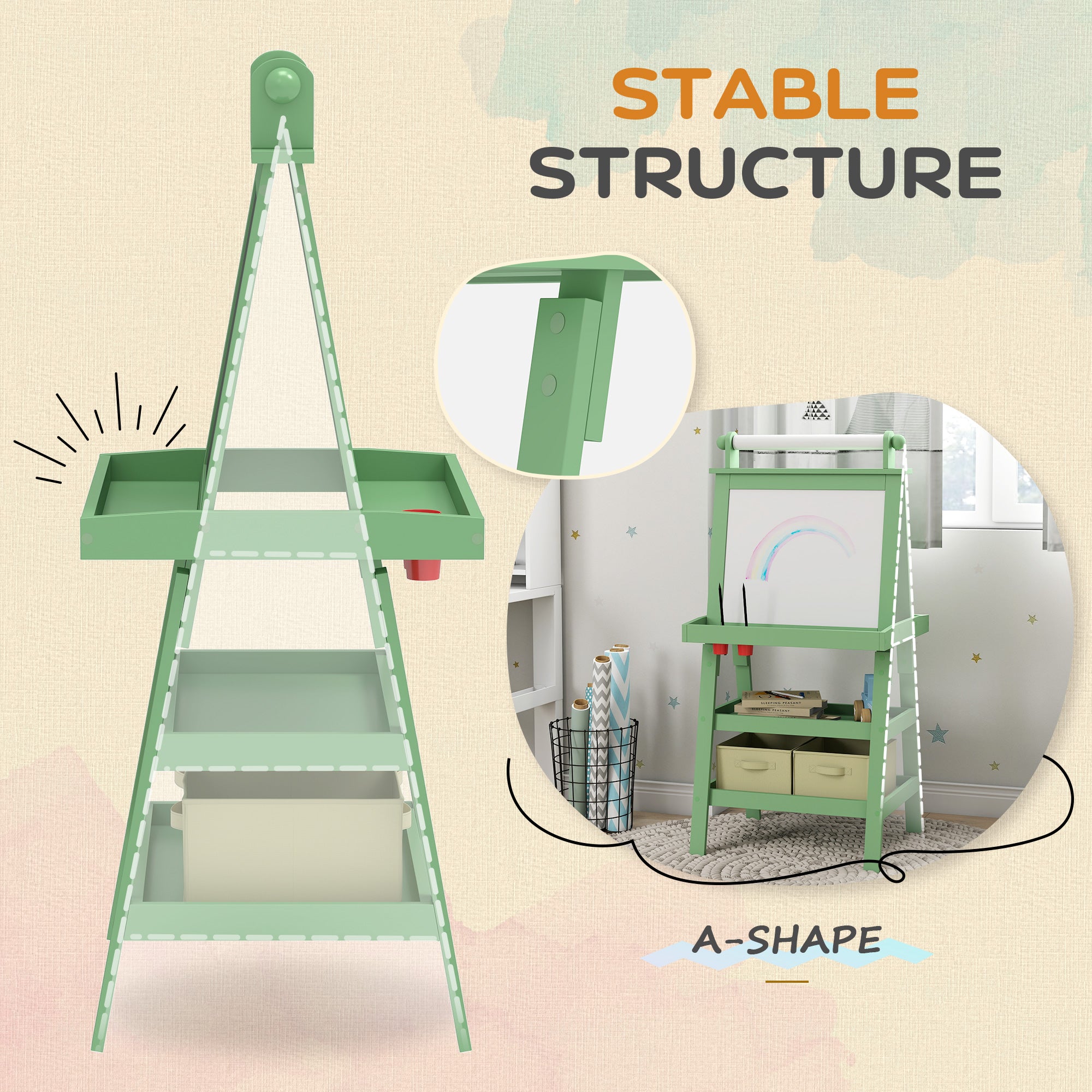 AIYAPLAY 3 in 1 Kids Easel Double-Sided Magnetic Whiteboard and Chalkboard with Paper Roll, Storage Baskets - Green