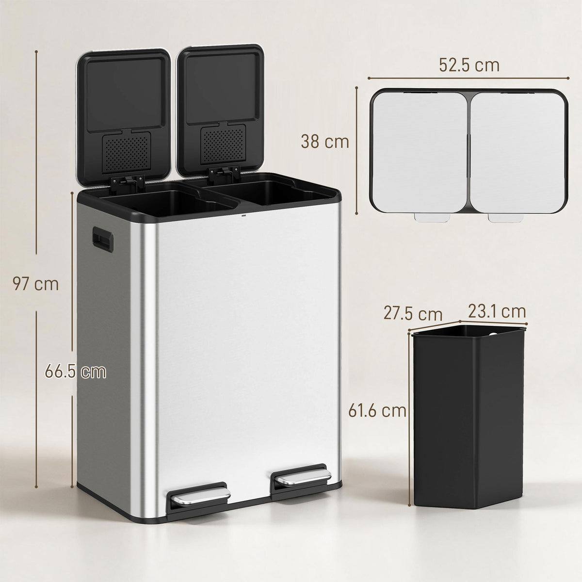 HOMCOM 2 x 30L Double Kitchen Bin, Stainless Steel Pedal Rubbish Bin with Dual Compartments, Soft Close Lids, Silver Tone