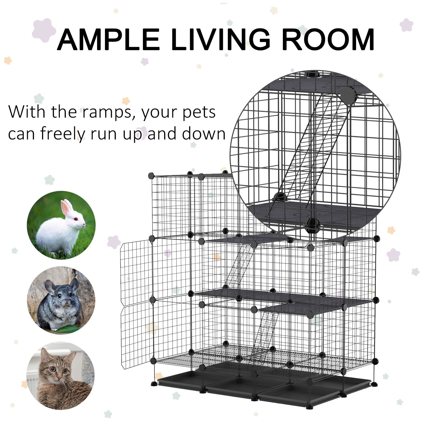 Pawhut 3 Level DIY Pet Playpen Metal Small Animal Cage Guinea Pig Rabbit Ferret Chinchillas Cage 4 Doors Bottom Trays Black