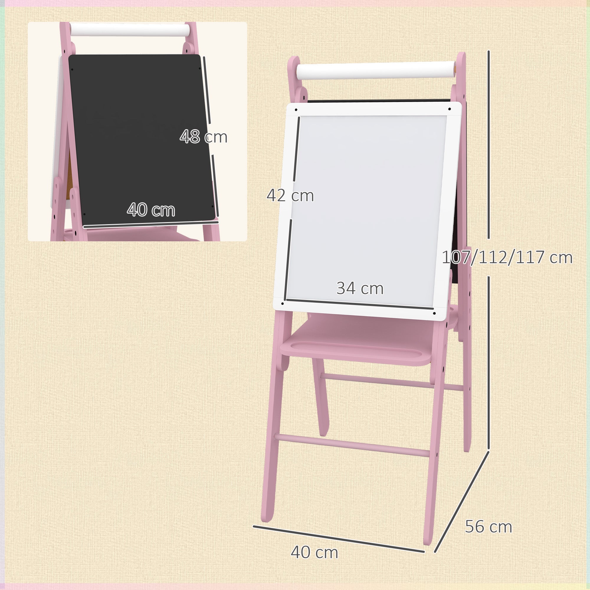 AIYAPLAY Three-In-One Easel for Kids, with Paper Roll, Adjustable Height - Pink