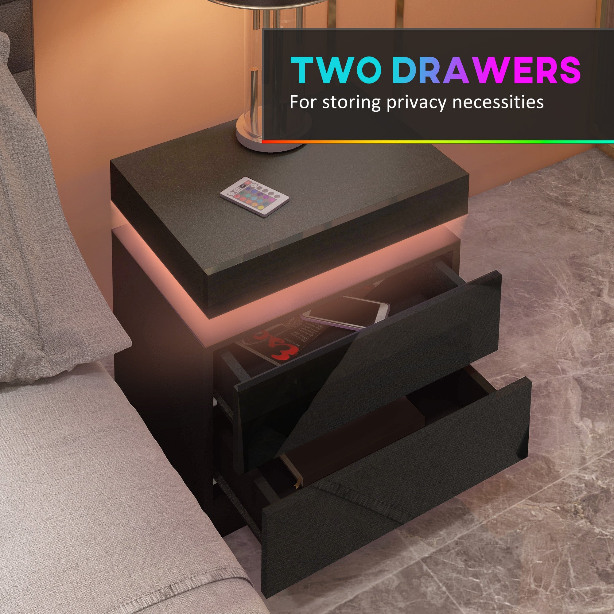 HOMCOM Black Bedside Table with LED Light, High Gloss Front Nightstand with 2 Drawers, for Living Room, Bedroom - North Peak Garden Furniture