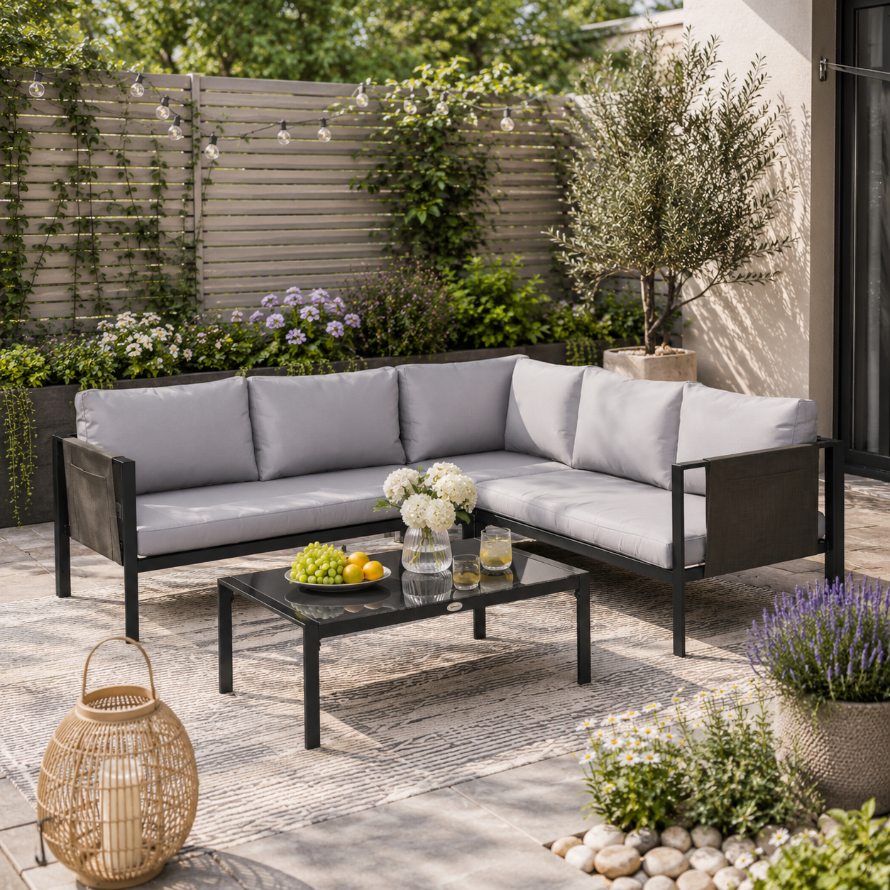Outsunny 4 Piece Metal Garden Furniture Set with Tempered Glass Coffee Table, Breathable Mesh Pocket, Outdoor Conversational Corner Sofa Loveseat with Padded Cushions, Light Grey