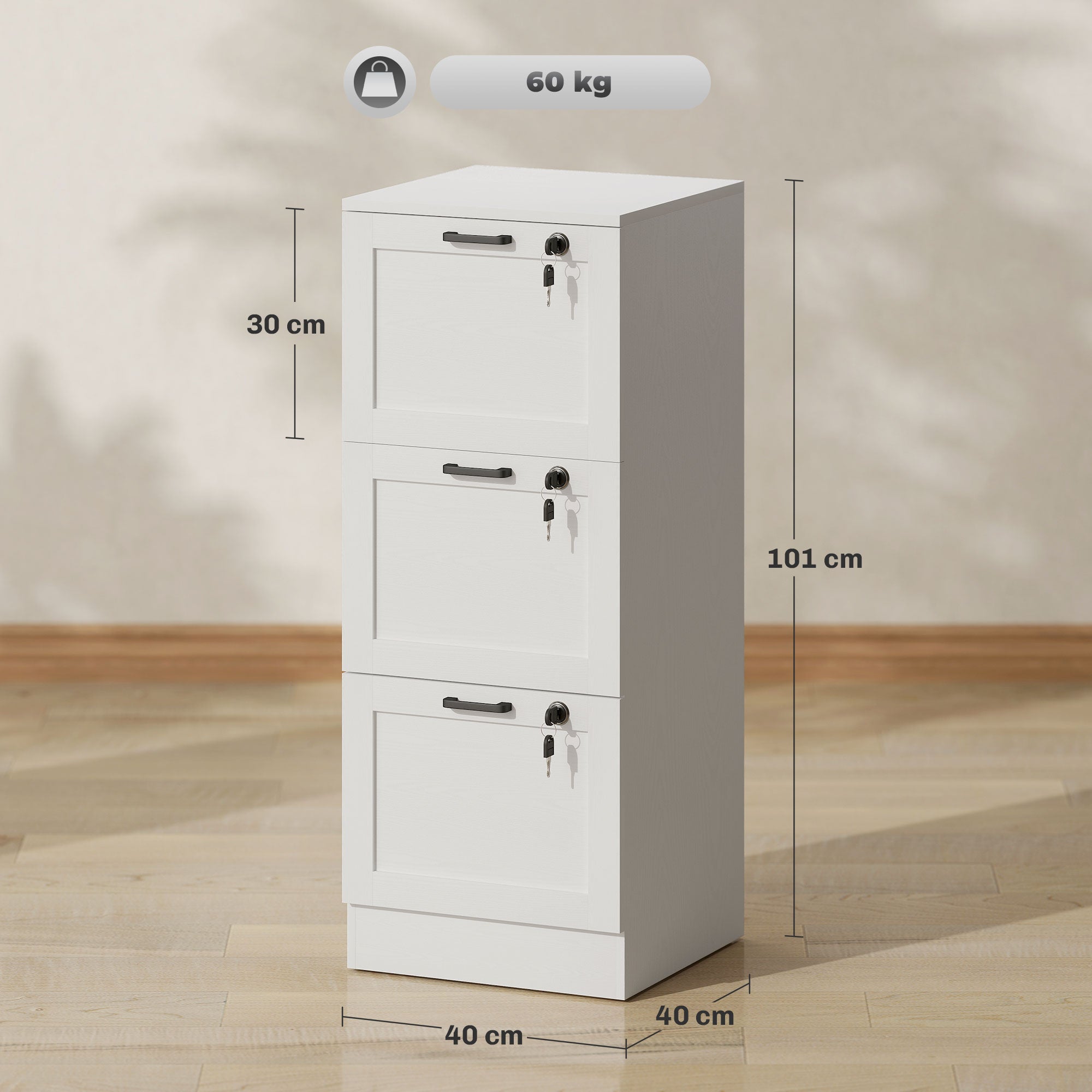 HOMCOM 3-Drawer Filing Cabinet with Lock - White - North Peak Garden Furniture
