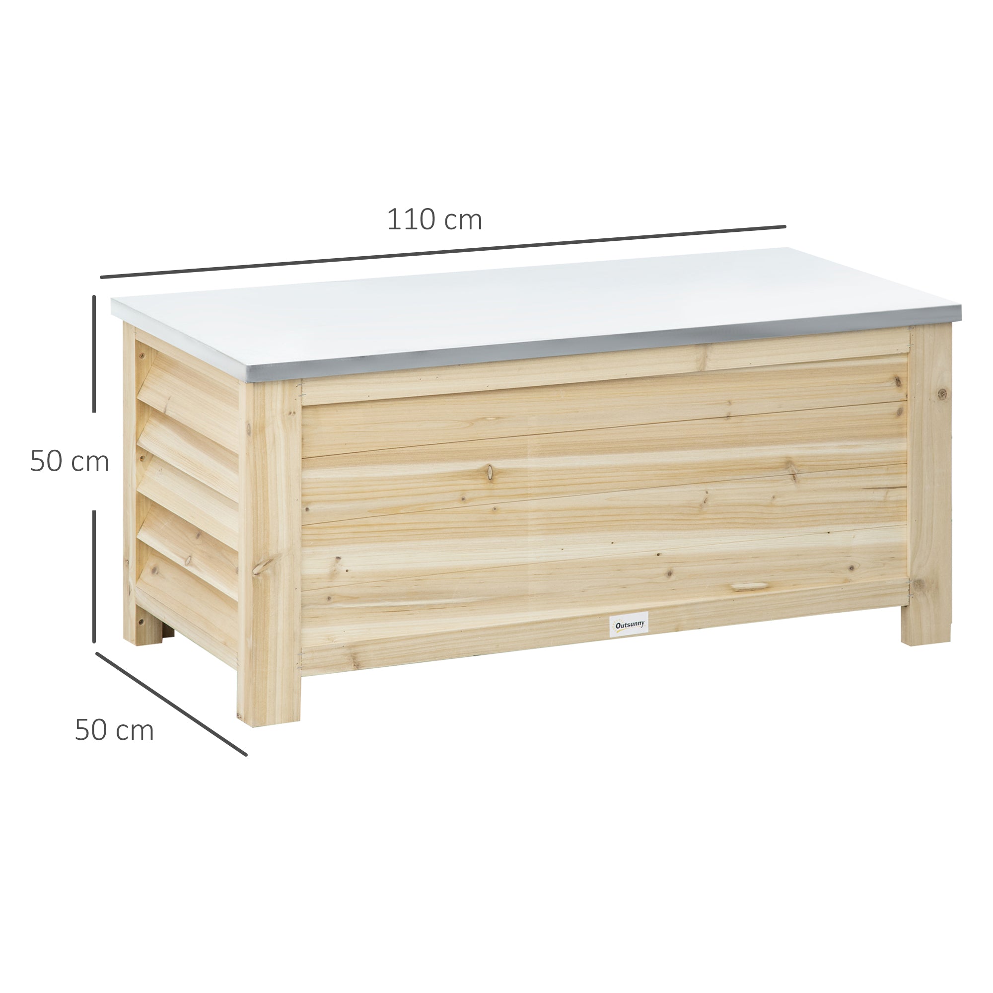 Outsunny 155L Outdoor Storage Box with Metal Top and Shutter Walls, Wooden Outside Tool organiser Container, for Garden, terrace