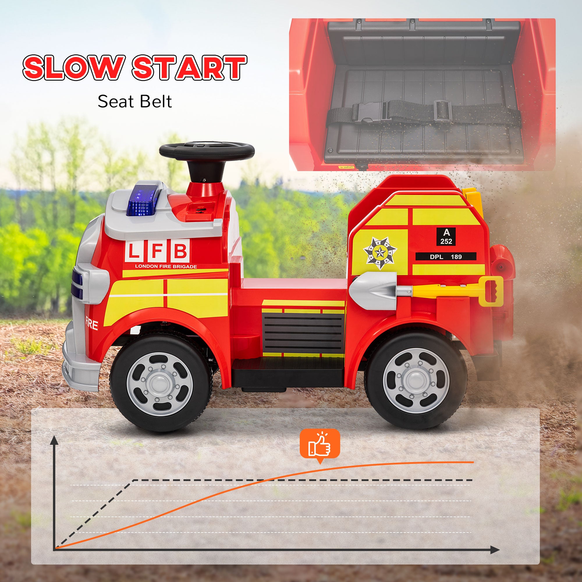 AIYAPLAY Ride on Fire Truck, 12V Kids Electric Car with Siren and Flashing Lights, Firefighting Tools, Music Horn, Slow Start