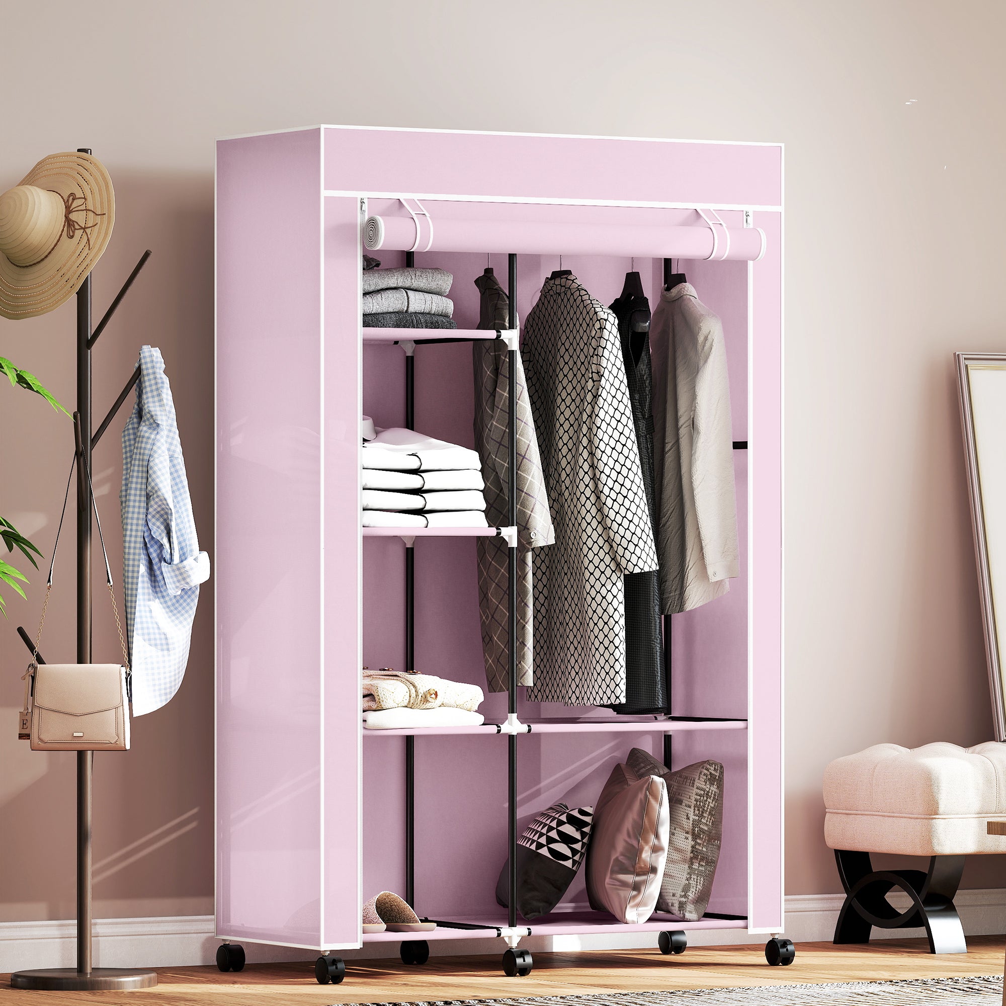 HOMCOM Fabric Wardrobe w/ Shelves Hanging Rail Foldable Wardrobe Pink