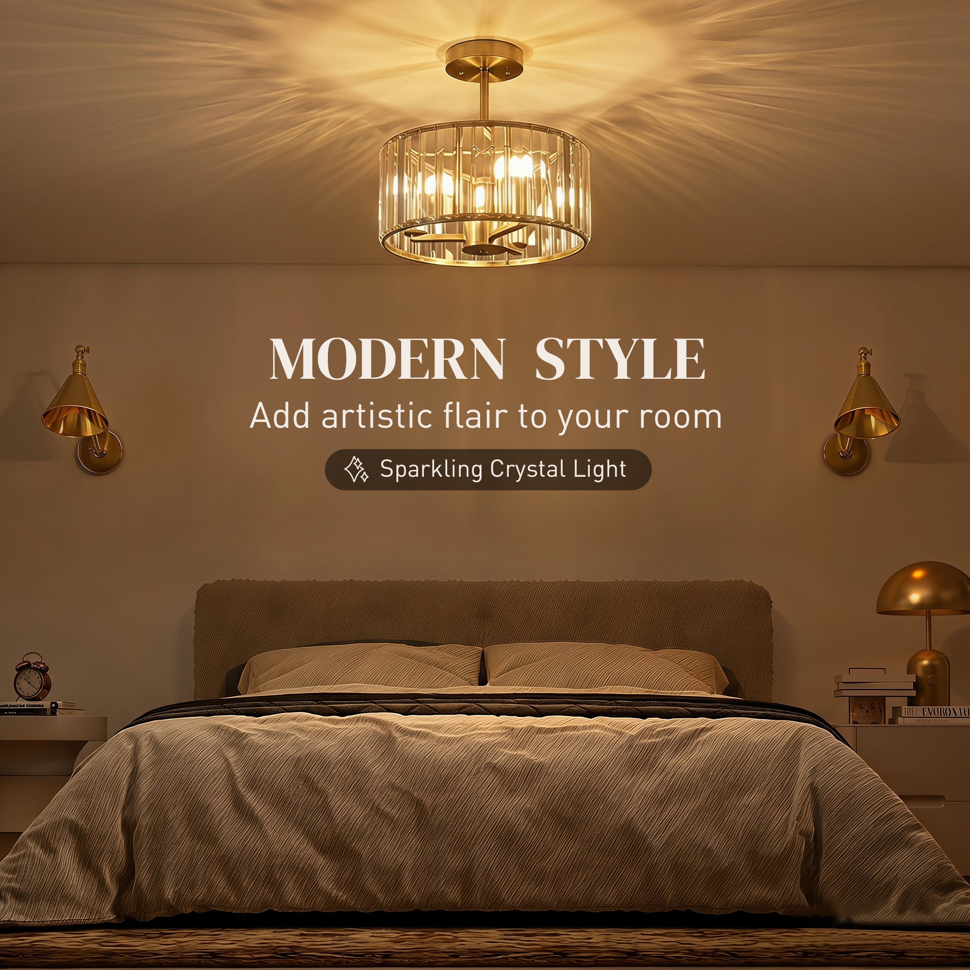 HOMCOM Semi Flush Mount Modern Crystal Chandelier Ceiling Light, Crystal Ceiling Light Fixture with E14 Base, Gold