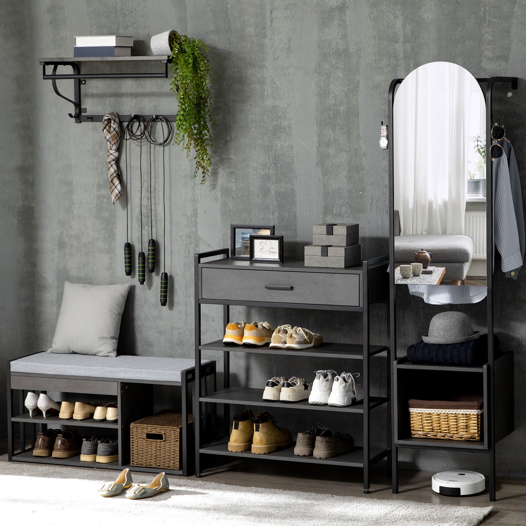 HOMCOM Shoe Storage with Seat, Upholstered Entryway Bench, Shoe Bench with 3 Open Shelves for Hallway, Grey - North Peak Garden Furniture