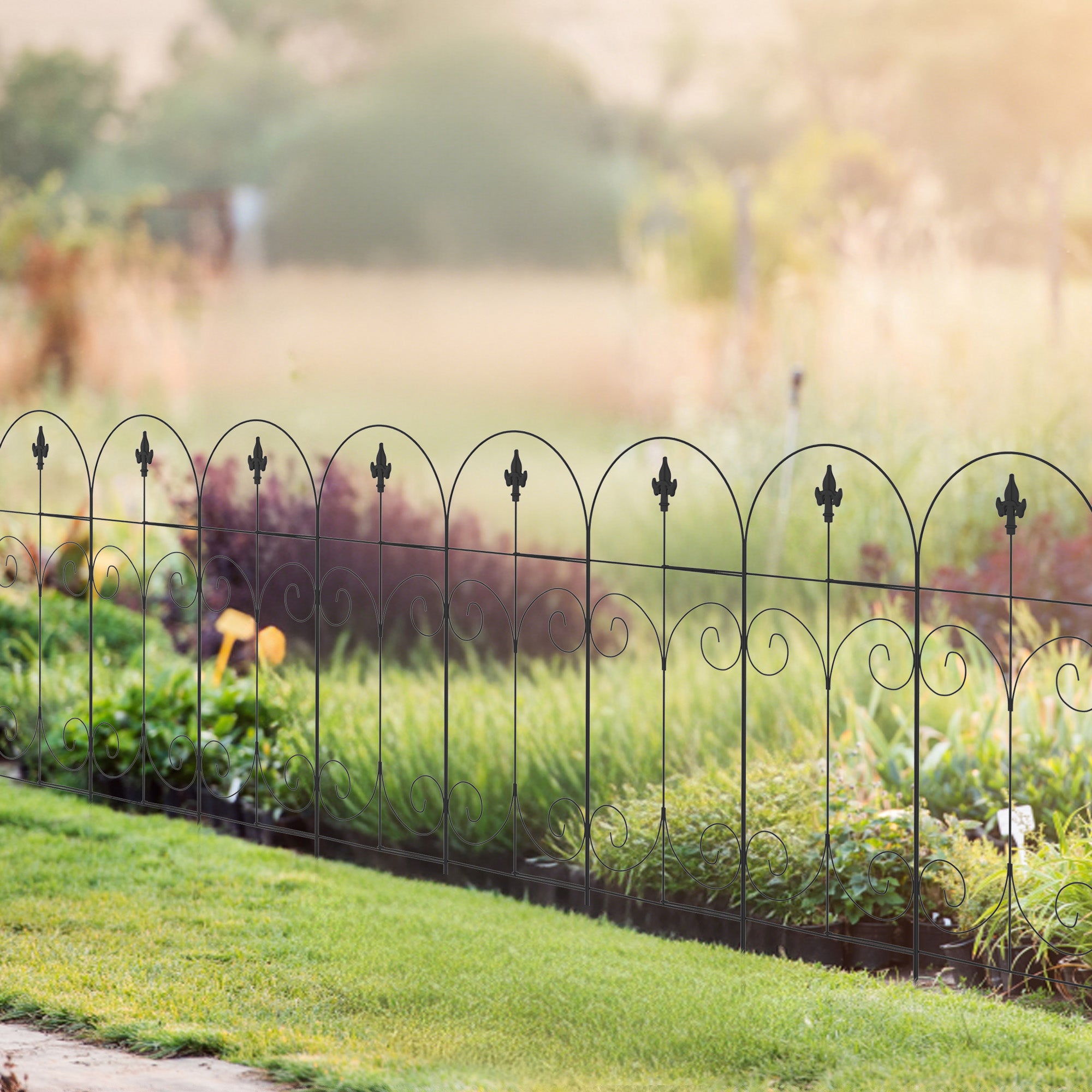 Outsunny Decorative Garden Fencing, 8PCs 44in x 12.5ft Outdoor Picket Fence Panels, Rustproof Metal Wire Landscape Flower Bed Border Edging, Black - North Peak Garden Furniture