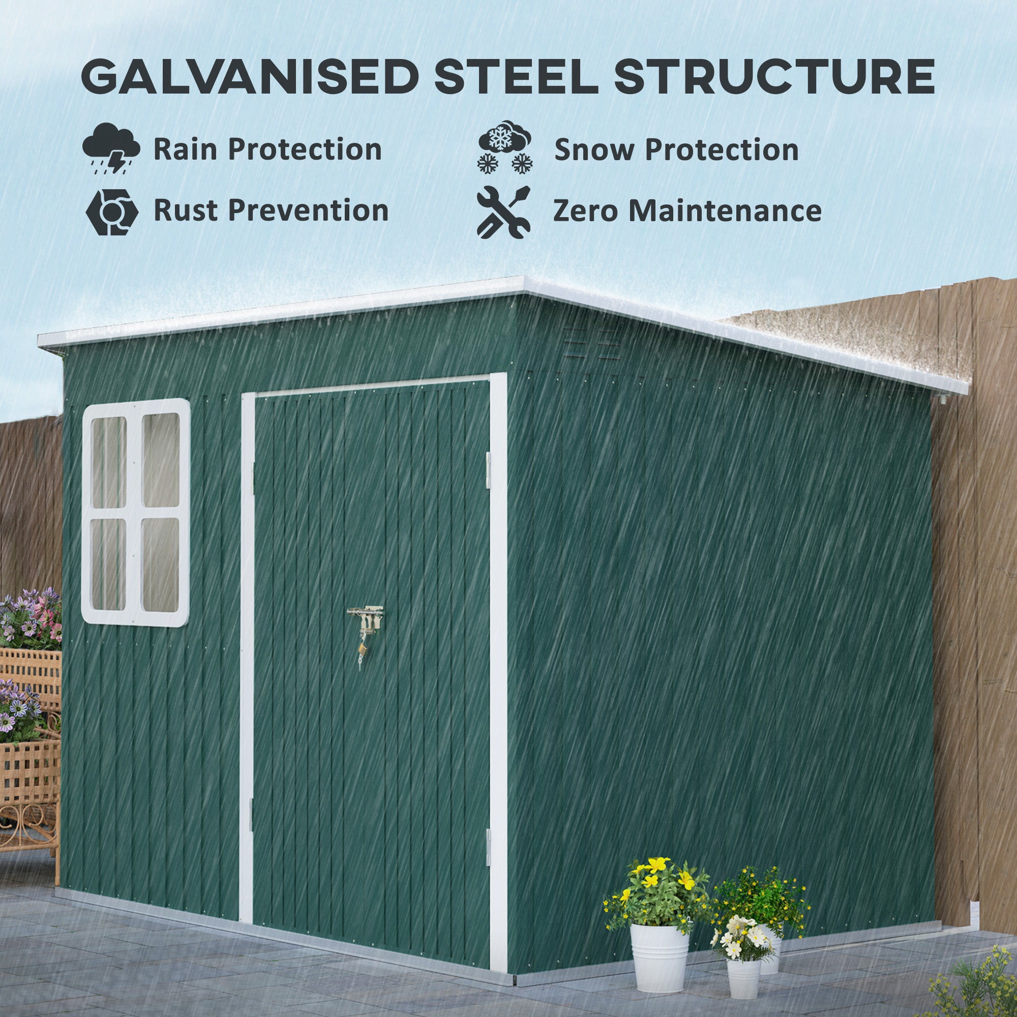 Outsunny 8.5 x 6ft Storage Shed Galvanised Steel Garden Shed, Metal Shed with Foundation Kit, Window, Lockable Wide Doors and Air Vents for Outdoor Patio, Green - North Peak Garden Furniture