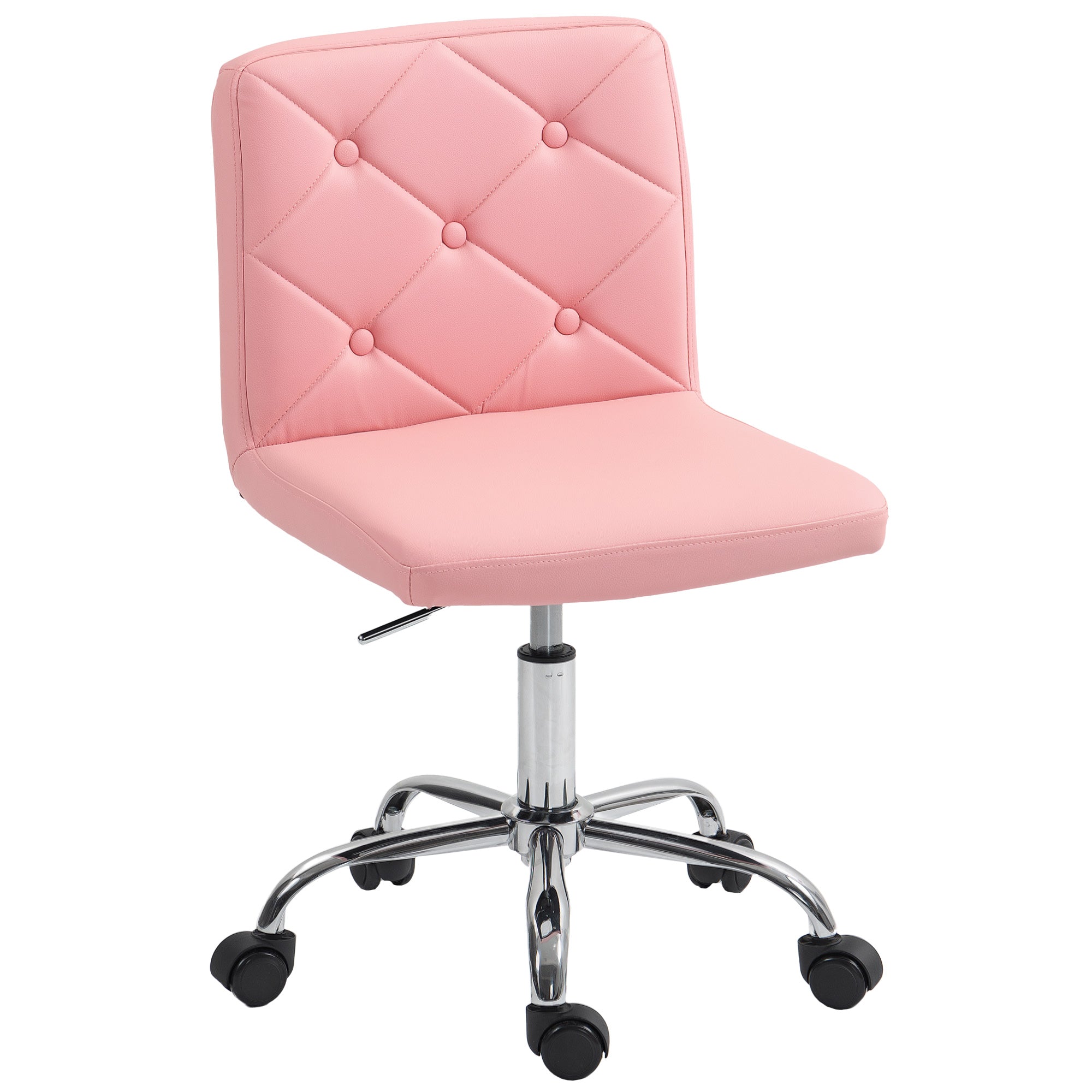 HOMCOM PU Leather Armless Office Chair, Modern Vanity Computer Swivel Chair with Rolling Wheels and Adjustable Height for Home Study, Bedroom, Pink - North Peak Garden Furniture
