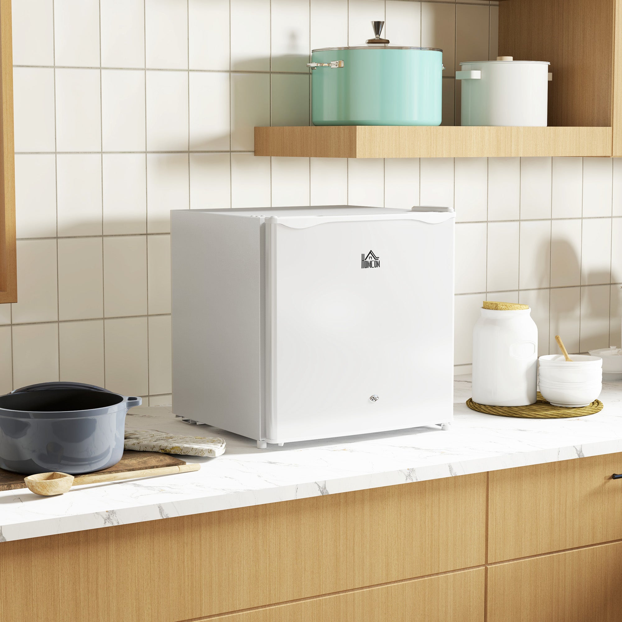 HOMCOM 46 Litre Lockable Countertop Fridge - Cream White - North Peak Garden Furniture