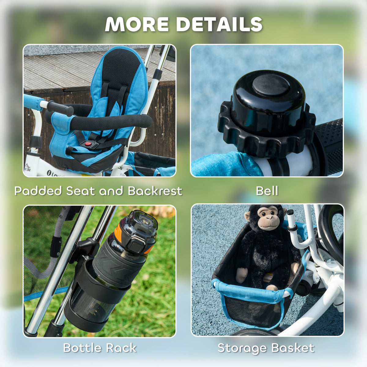 HOMCOM 6 in 1 Kids Trike Push Bike w/ Push Handle, Canopy, 5-point Seat Belt, Storage, Footrest, Brake, for 1-5 Years, Blue