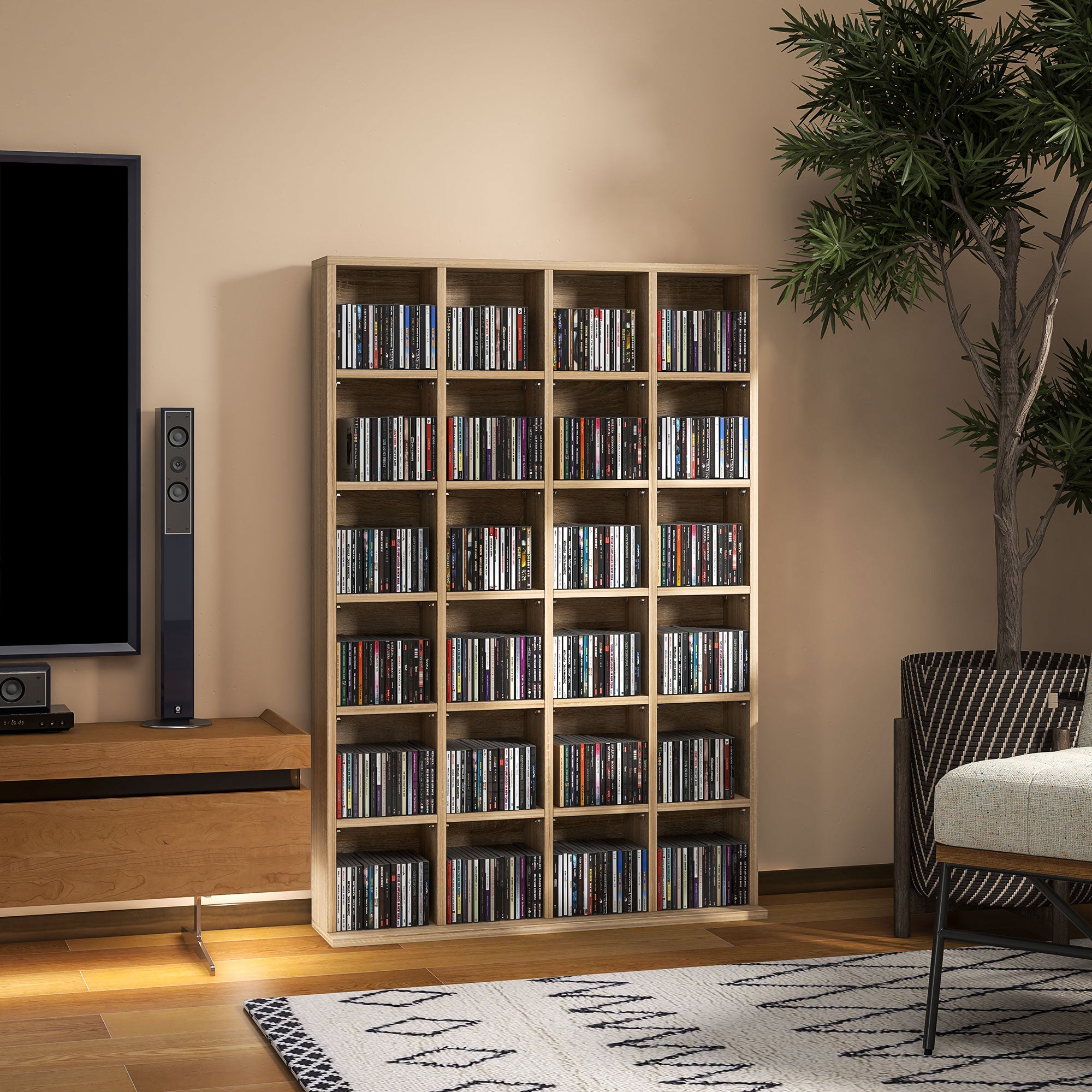 HOMCOM CD Storage Unit with Adjustable Shelves, 89 x 130.5 cm, Natural Wood Finish - North Peak Garden Furniture