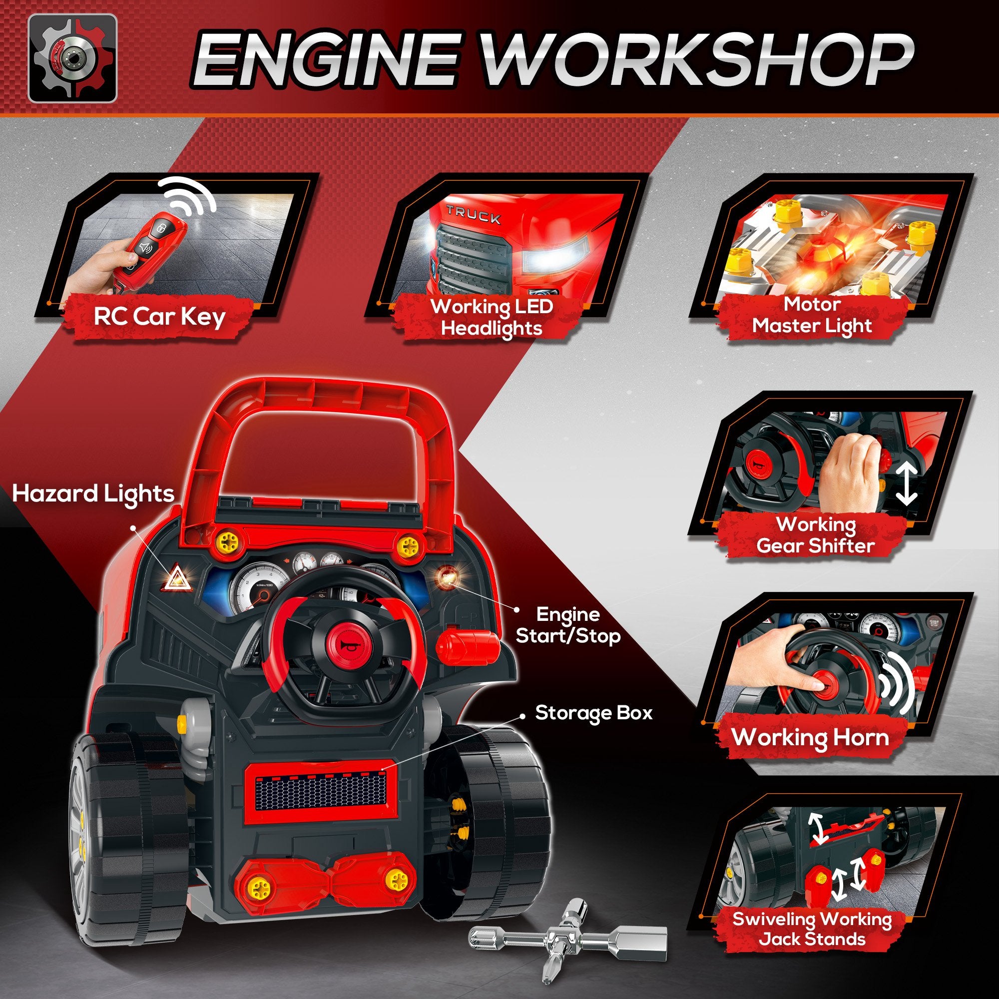 HOMCOM Kids Truck Engine Toy Set, Toddler Educational Car Service Station Playset, Take Apart Workshop, w/ RC Car Key, Steering wheel, Horn, Light, for 3-5 Years Old Red - North Peak Garden Furniture