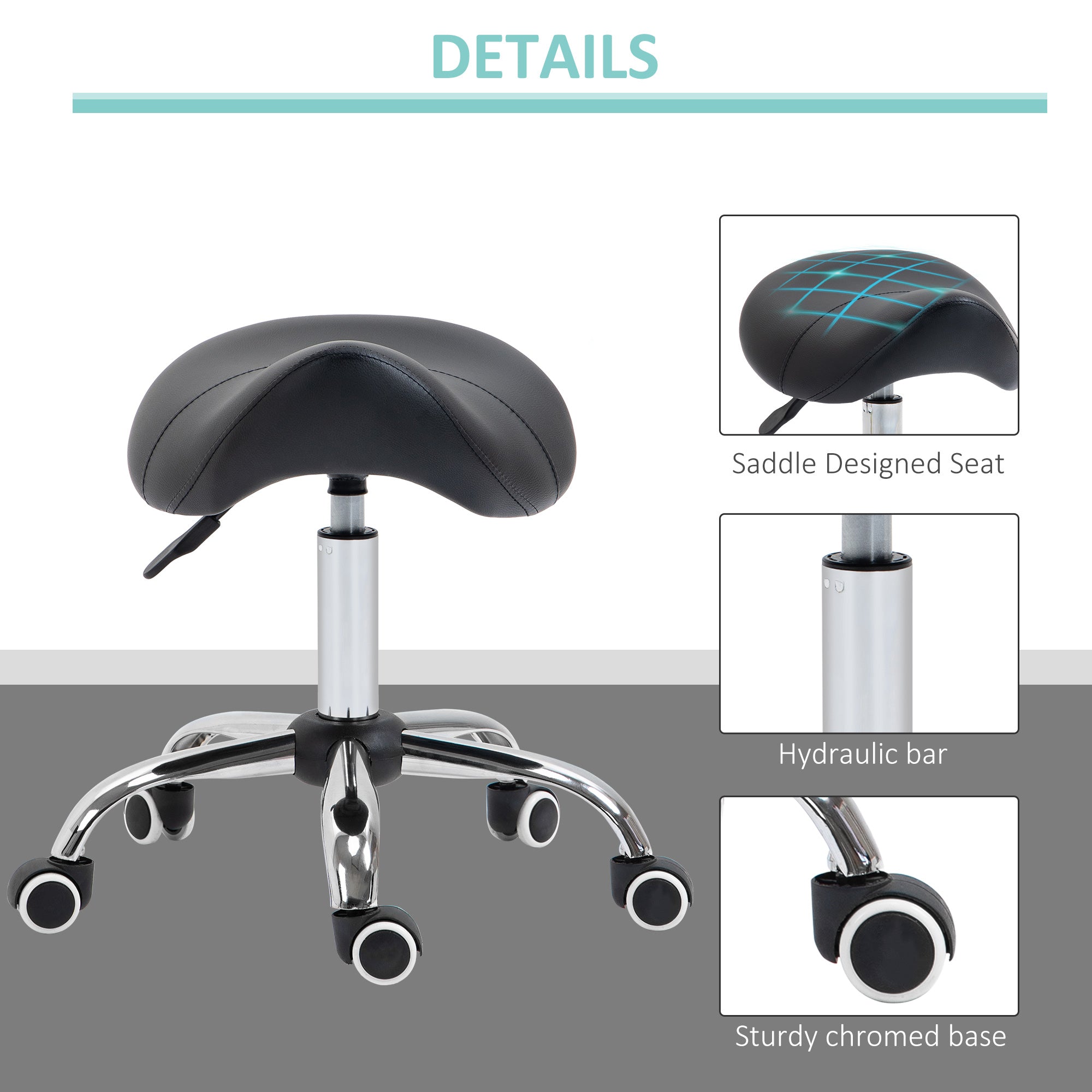 HOMCOM Cosmetic Stool 360° Rotate Height Adjustable Salon Massage Spa Chair Hydraulic Rolling Faux Leather Saddle Stool Mobility, Black - North Peak Garden Furniture
