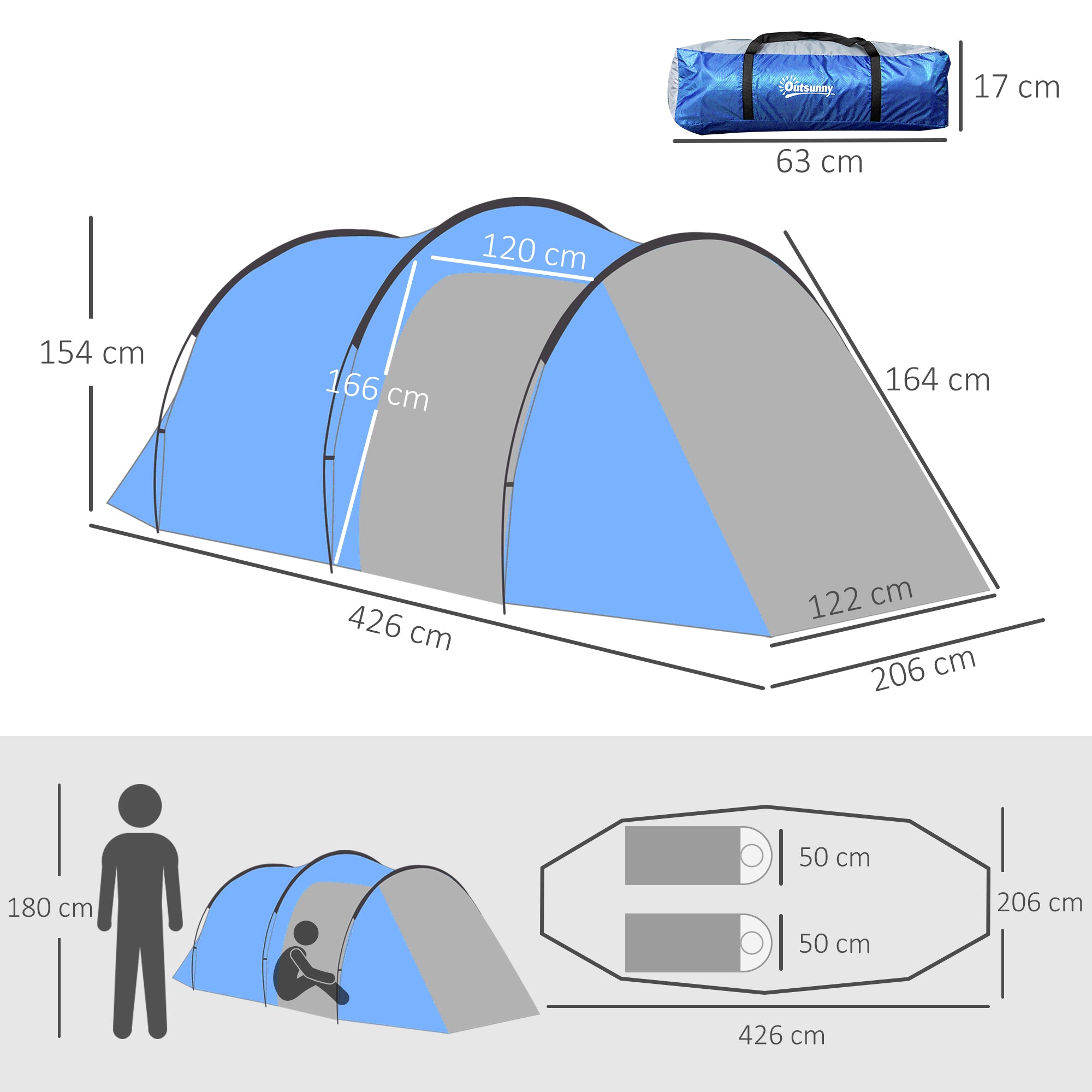 Outsunny 2-3 Man Tunnel Tents w/ Vestibule Camping Tent Porch Air Vents Rainfly Weather-Resistant Shelter Fishing Hiking Festival Shelter Home