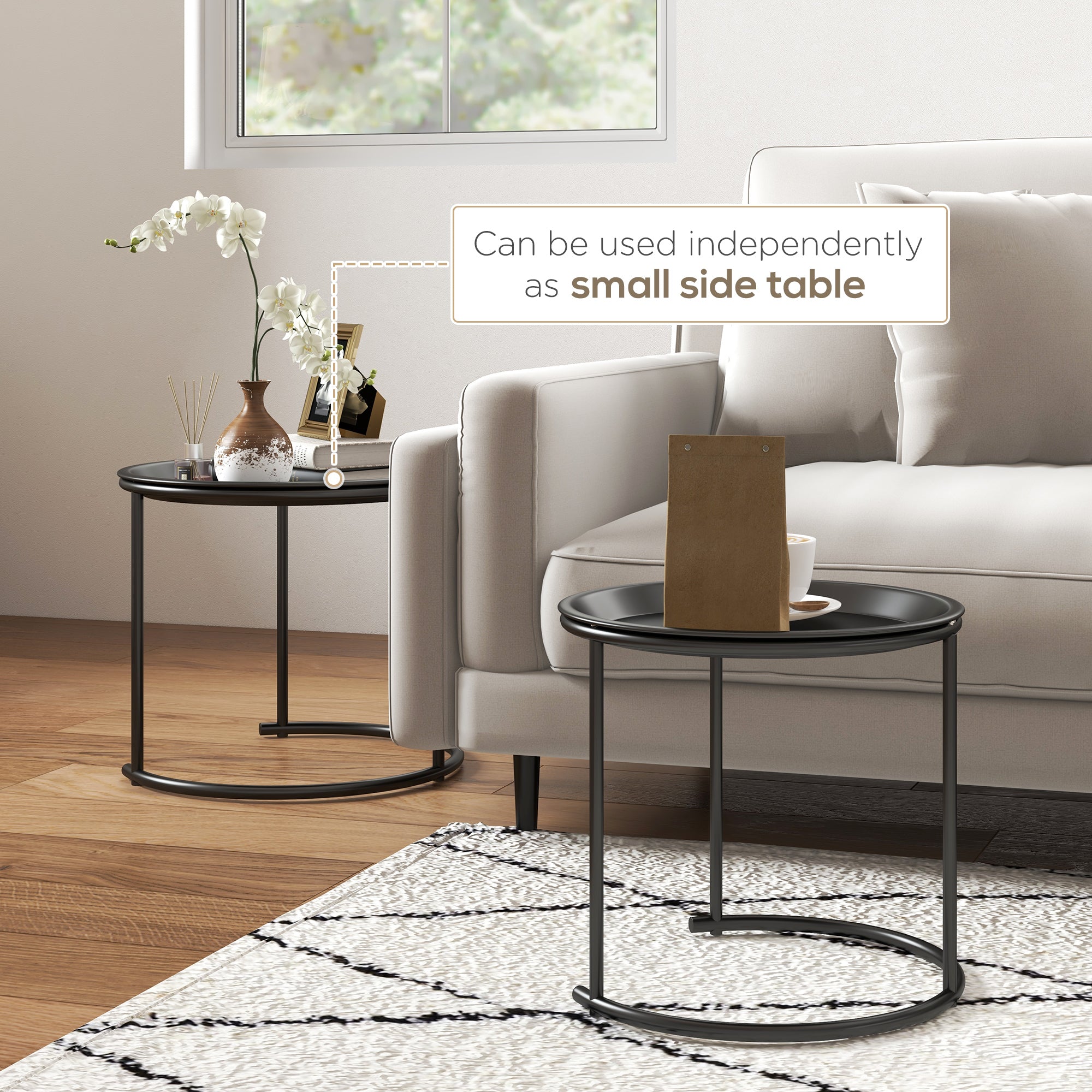HOMCOM Nesting Tables Set of 2, Side End Table with Removable Tabletop Tray and Steel Frame for Living Room, Bedroom, White - North Peak Garden Furniture