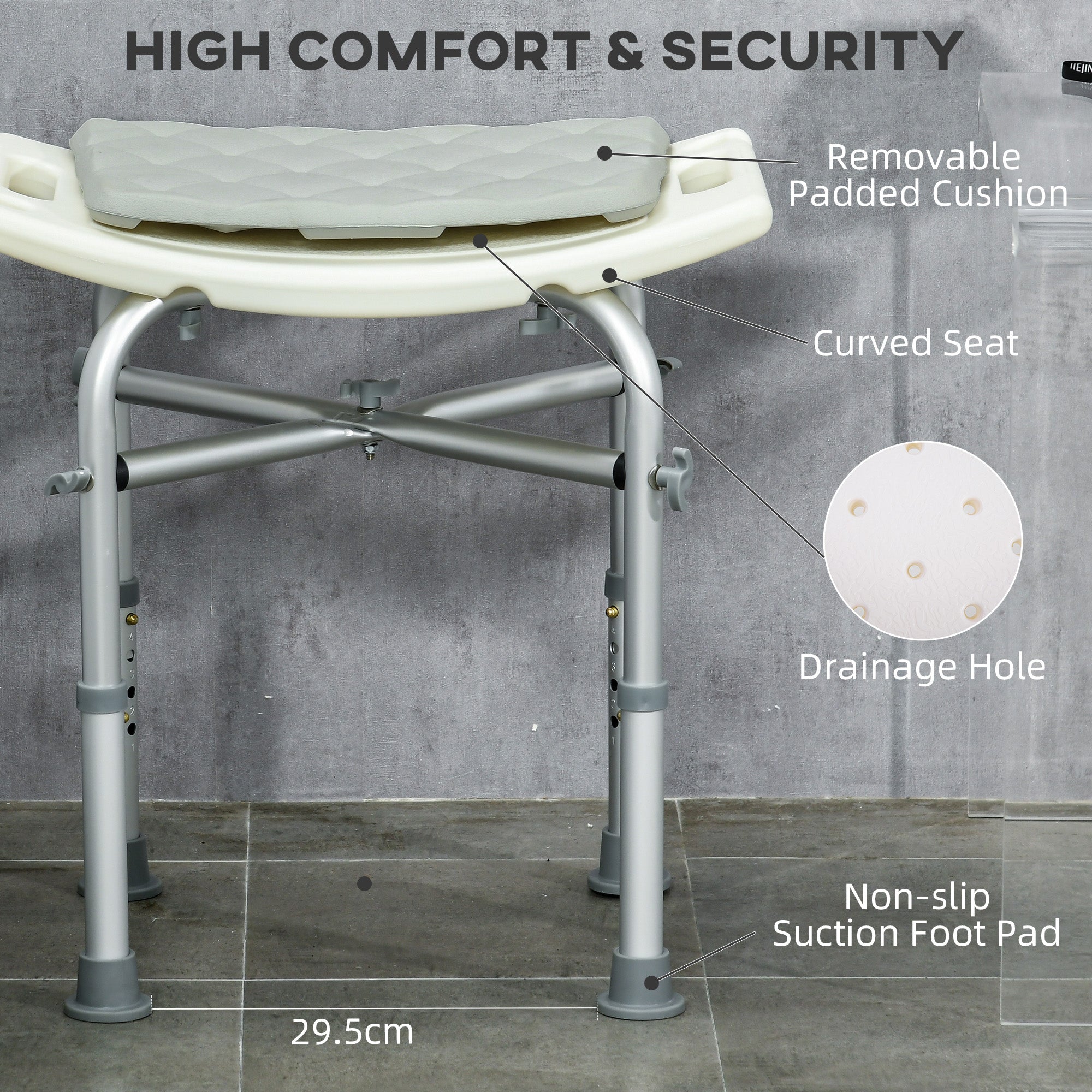 HOMCOM Aluminium Shower Stool for Elderly, Height Adjustable Shower Seat with Removable Padded Cushion, Shower Head Holder, Non-Slip Bath Stool for Seniors, Disabled, Pregnant, White - North Peak Garden Furniture