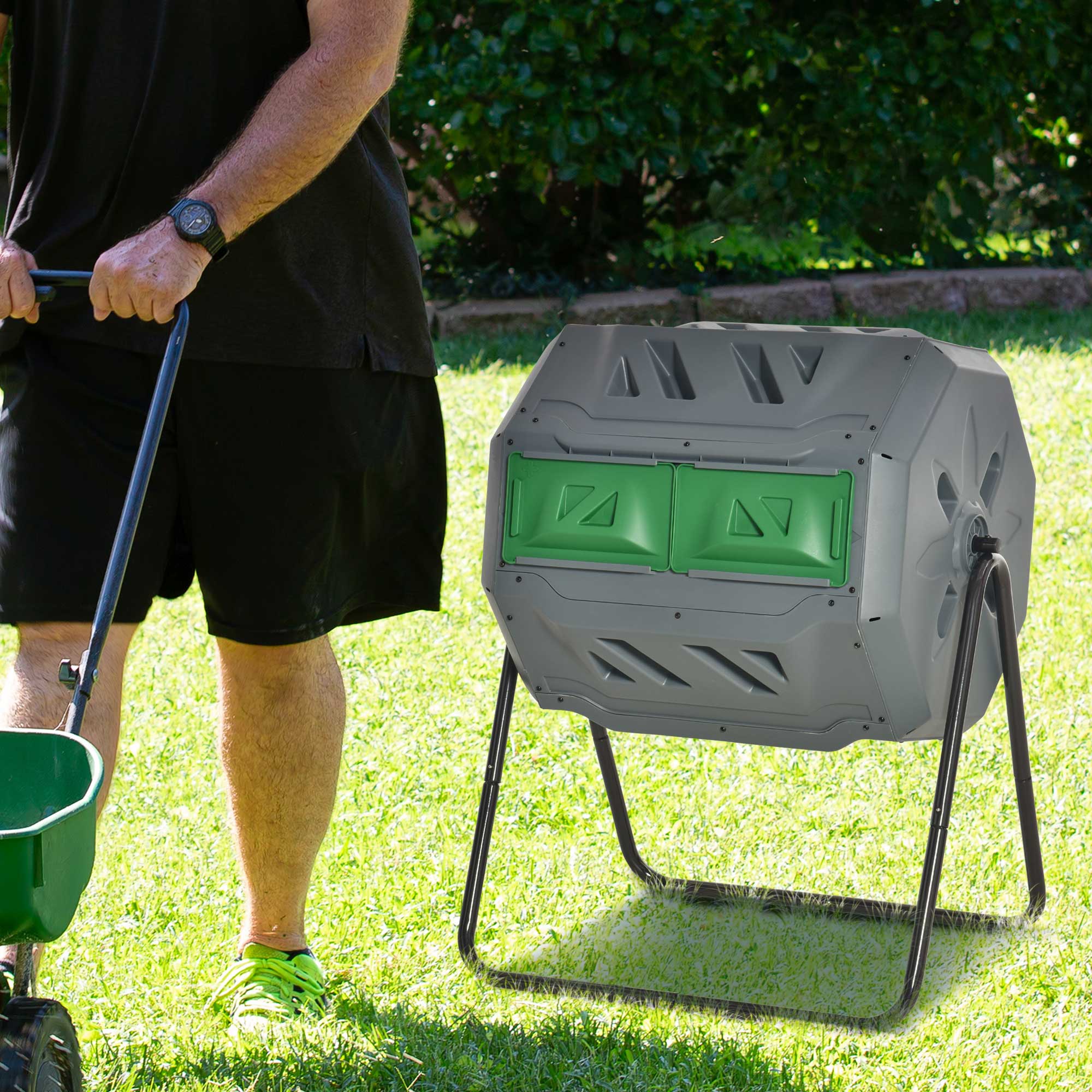 Outsunny 160L Tumbling Compost Bin Outdoor Dual Chamber 360° Rotating Composter, Garden Compost Bin w/ Sliding Doors & Solid Steel Frame, Grey - North Peak Garden Furniture